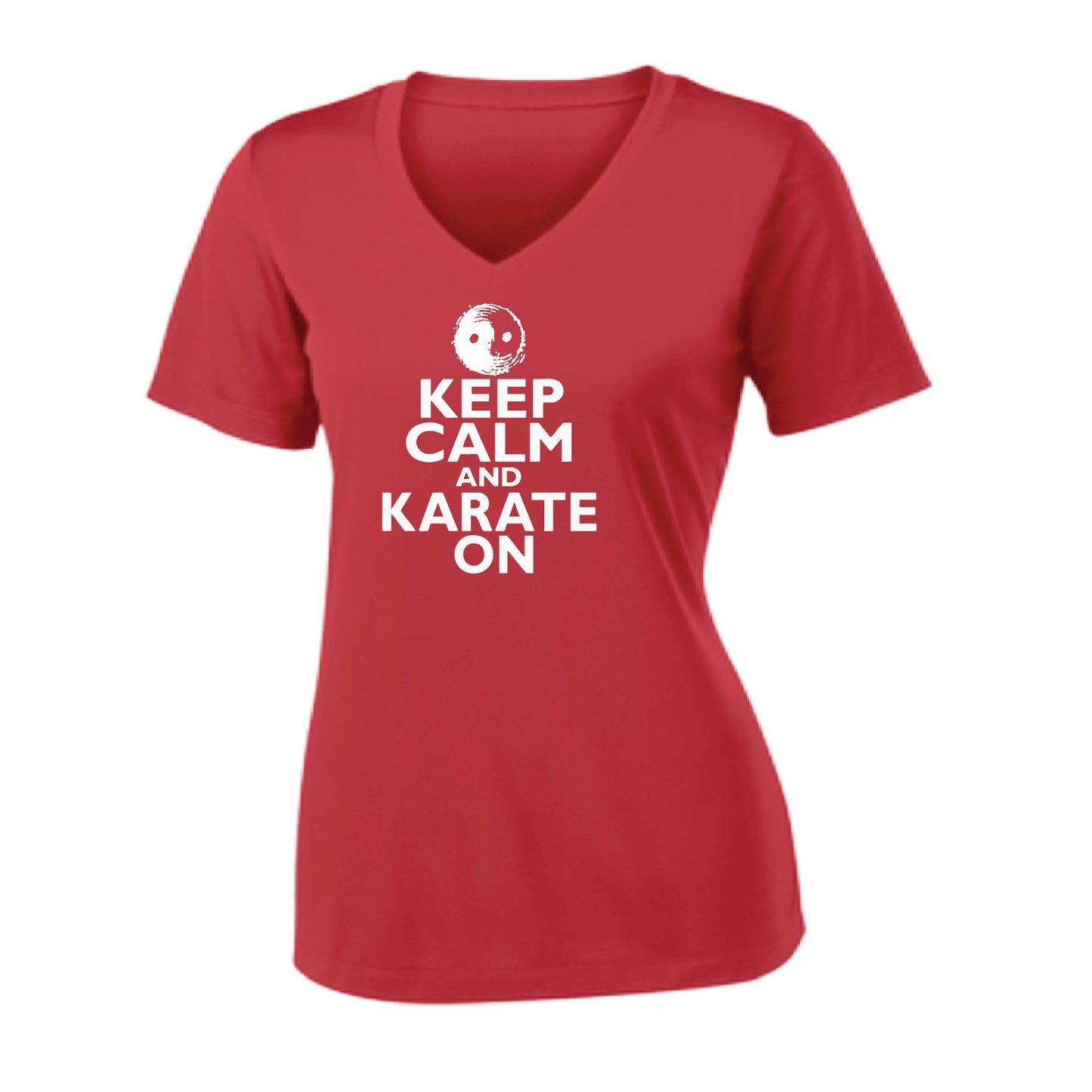 Keep Calm and Karate On | Women's Short Sleeve V-Neck Karate Performance T-Shirts | 100% Polyester