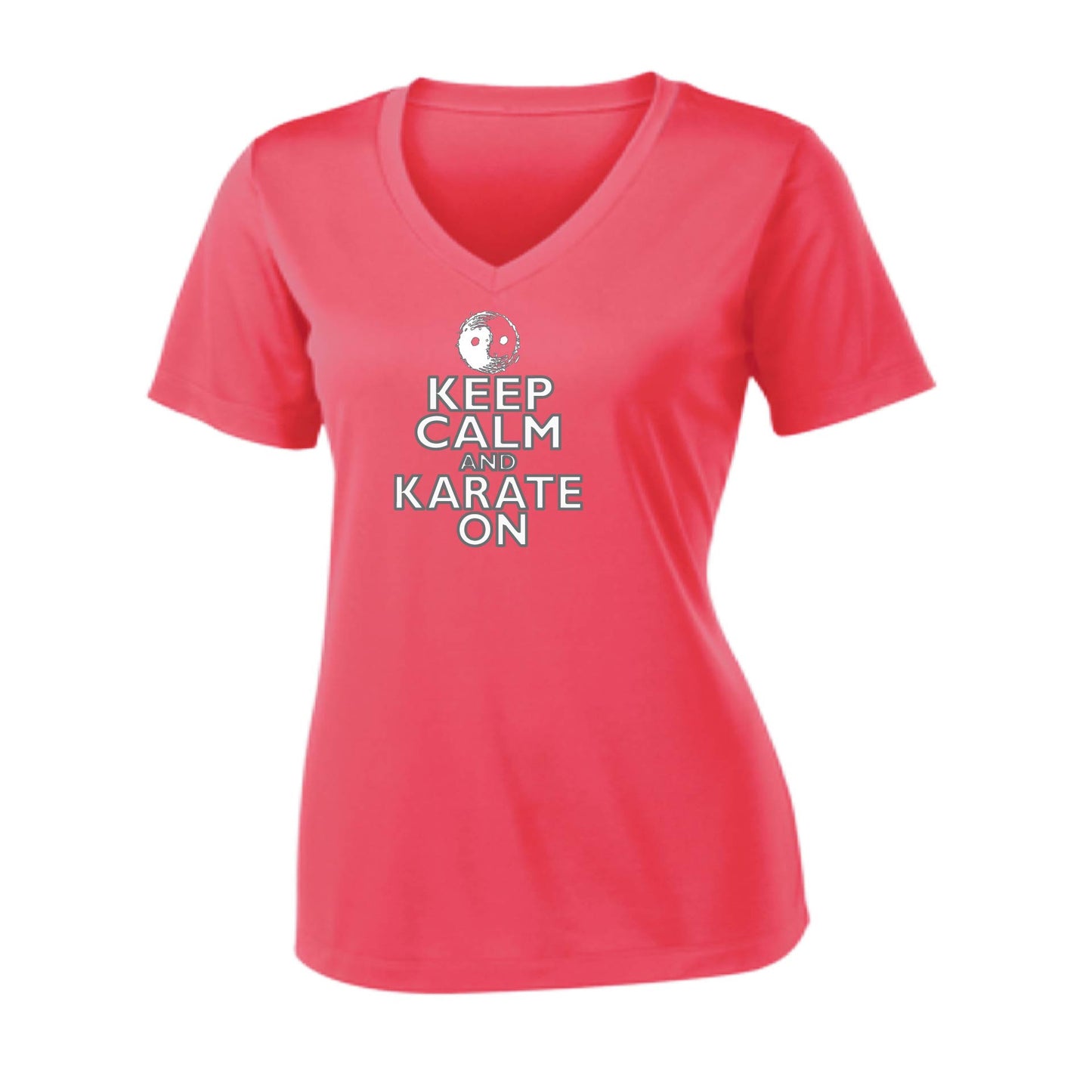Keep Calm and Karate On (Grey Outline)| Women's Short Sleeve V-Neck Karate Performance T-Shirts | 100% Polyester