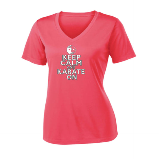 Keep Calm and Karate On (Grey Outline)| Women's Short Sleeve V-Neck Karate Performance T-Shirts | 100% Polyester