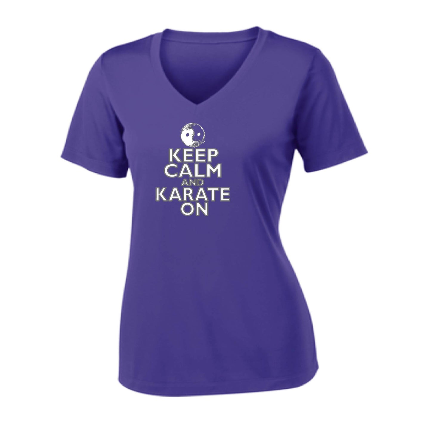 Keep Calm and Karate On (Grey Outline)| Women's Short Sleeve V-Neck Karate Performance T-Shirts | 100% Polyester