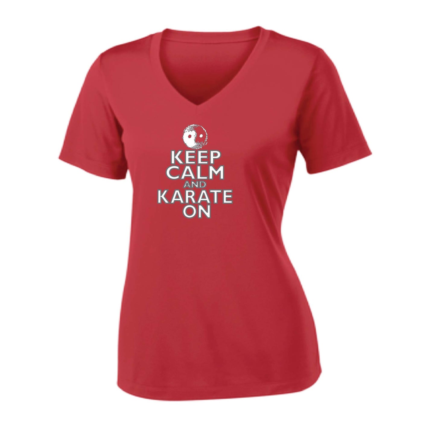 Keep Calm and Karate On (Grey Outline)| Women's Short Sleeve V-Neck Karate Performance T-Shirts | 100% Polyester