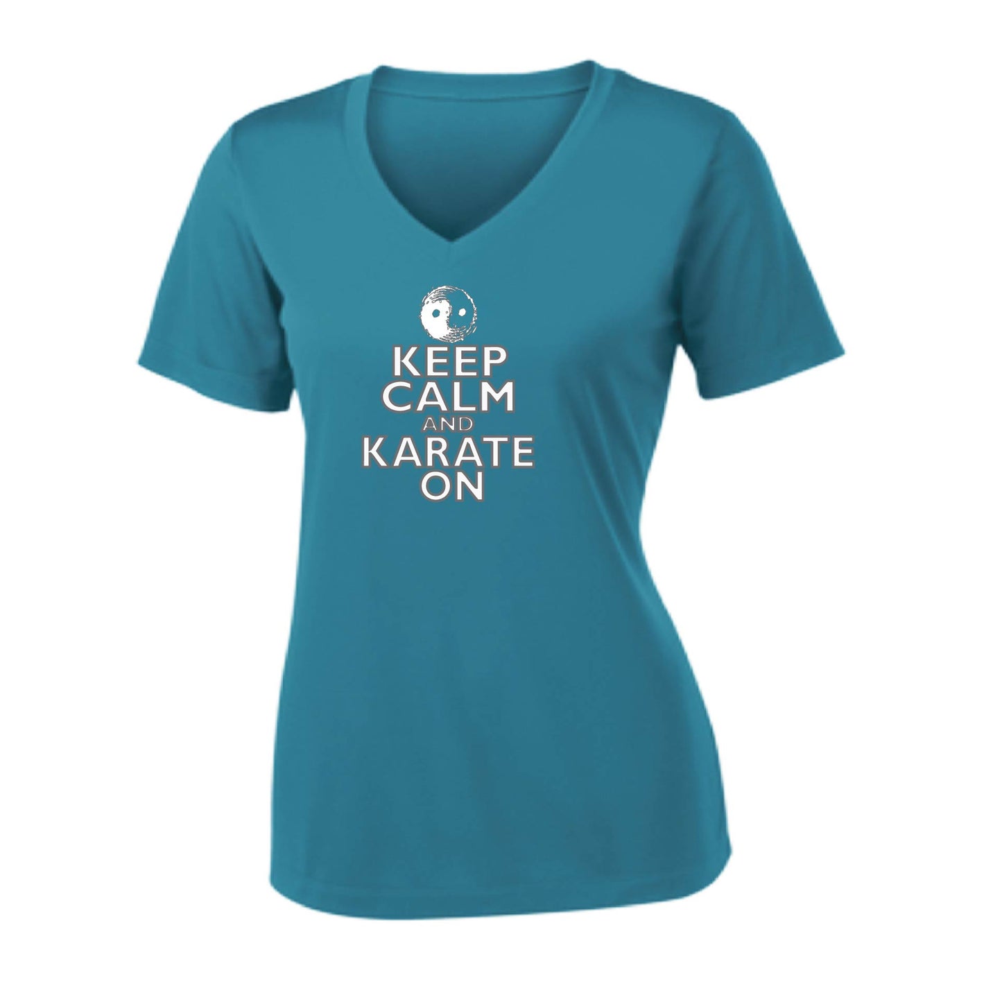 Keep Calm and Karate On (Grey Outline)| Women's Short Sleeve V-Neck Karate Performance T-Shirts | 100% Polyester