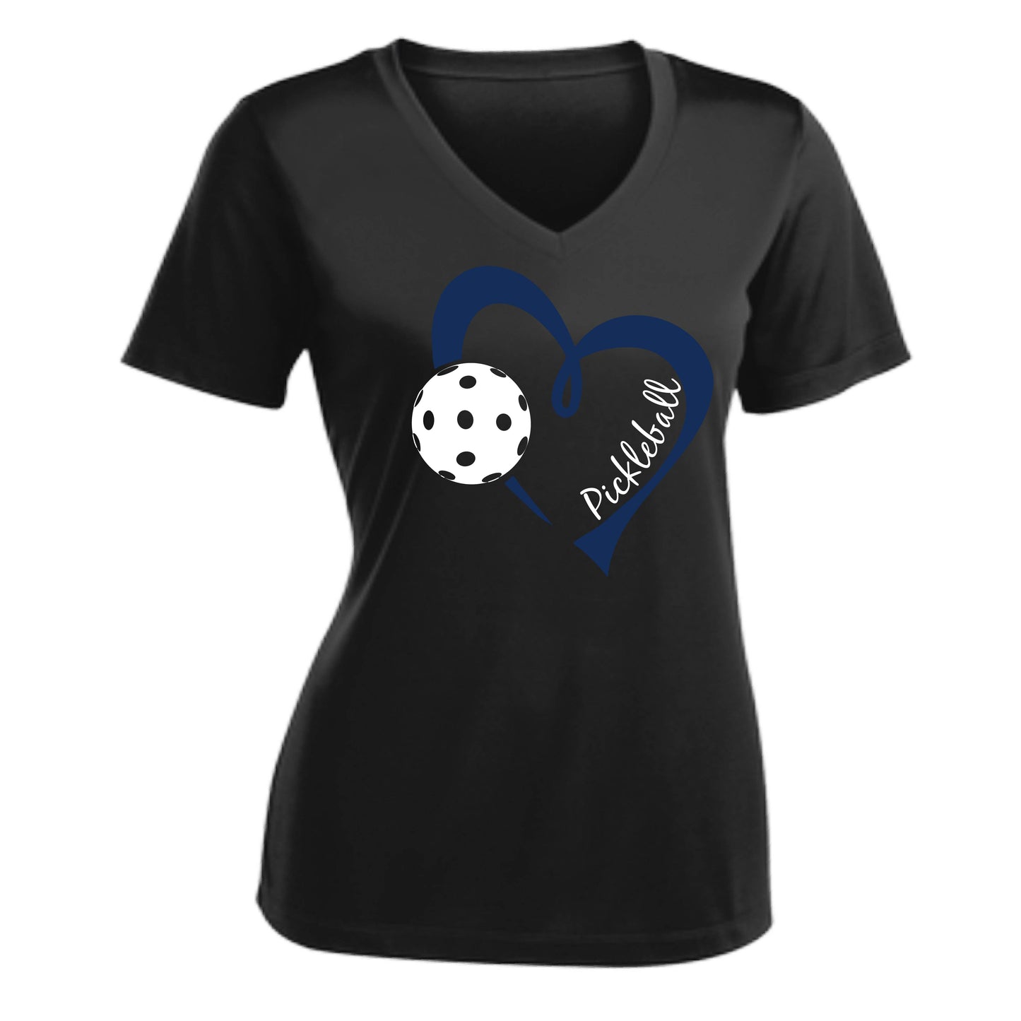 Pickleball Love (Navy) | Women's Short Sleeve V-Neck Pickleball Performance T-Shirts | 100% Polyester
