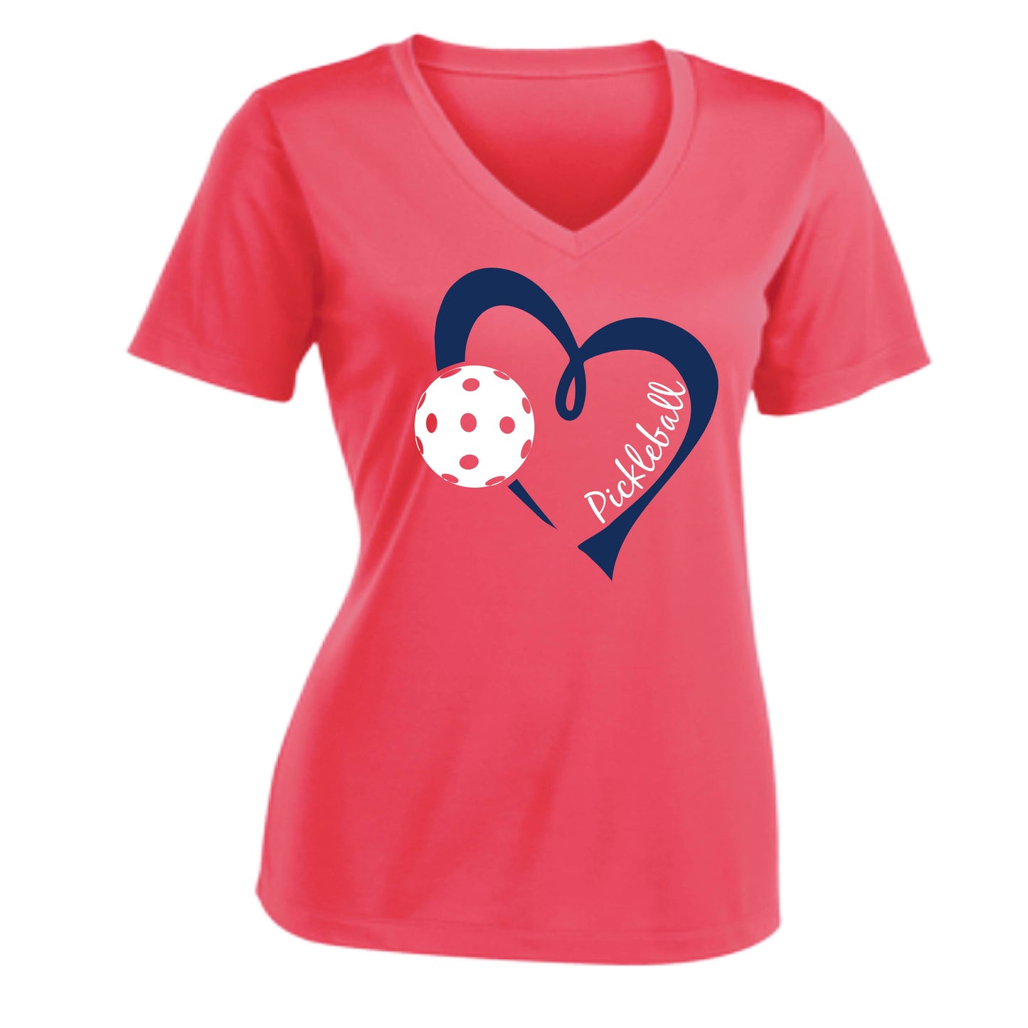 Pickleball Love (Navy) | Women's Short Sleeve V-Neck Pickleball Performance T-Shirts | 100% Polyester