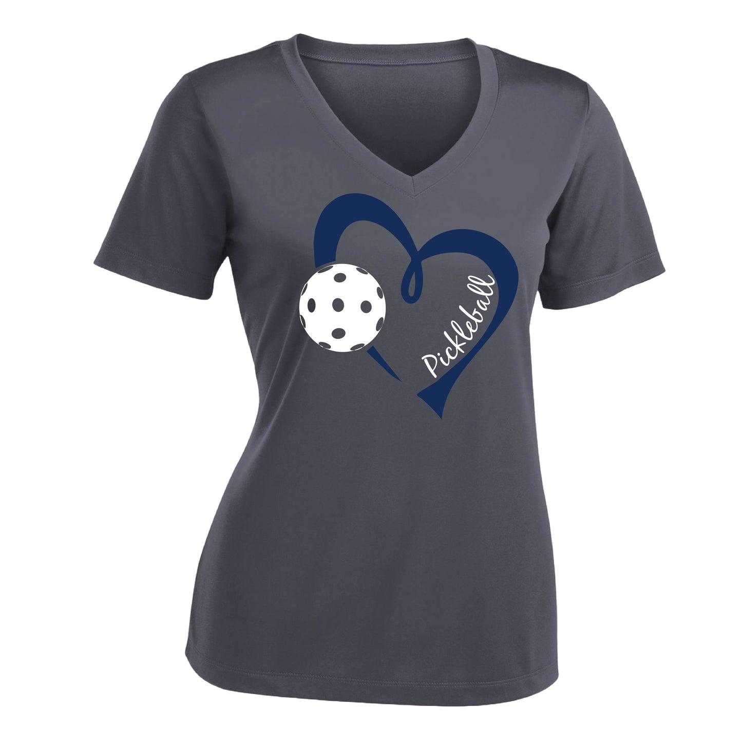 Pickleball Love (Navy) | Women's Short Sleeve V-Neck Pickleball Performance T-Shirts | 100% Polyester