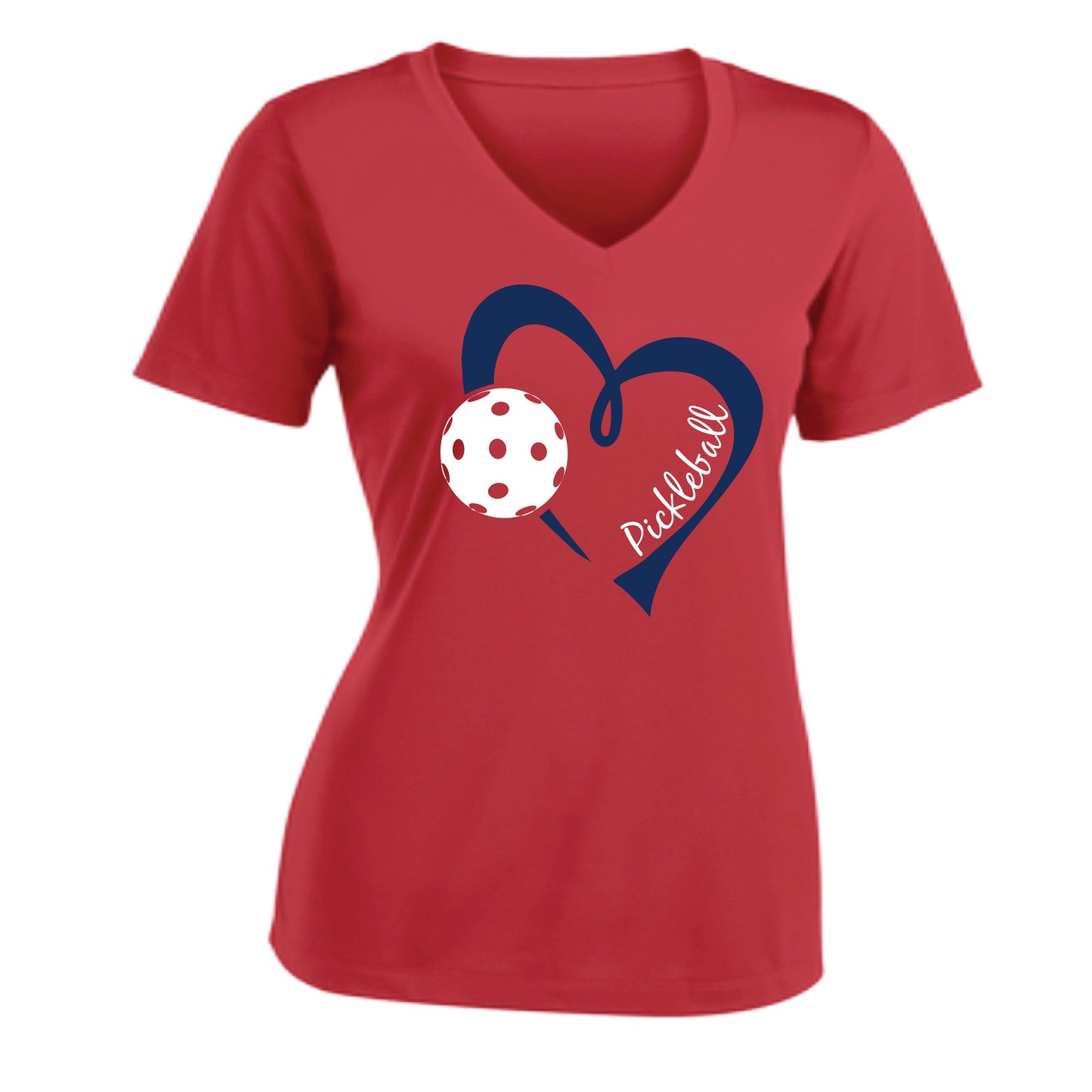Pickleball Love (Navy) | Women's Short Sleeve V-Neck Pickleball Performance T-Shirts | 100% Polyester