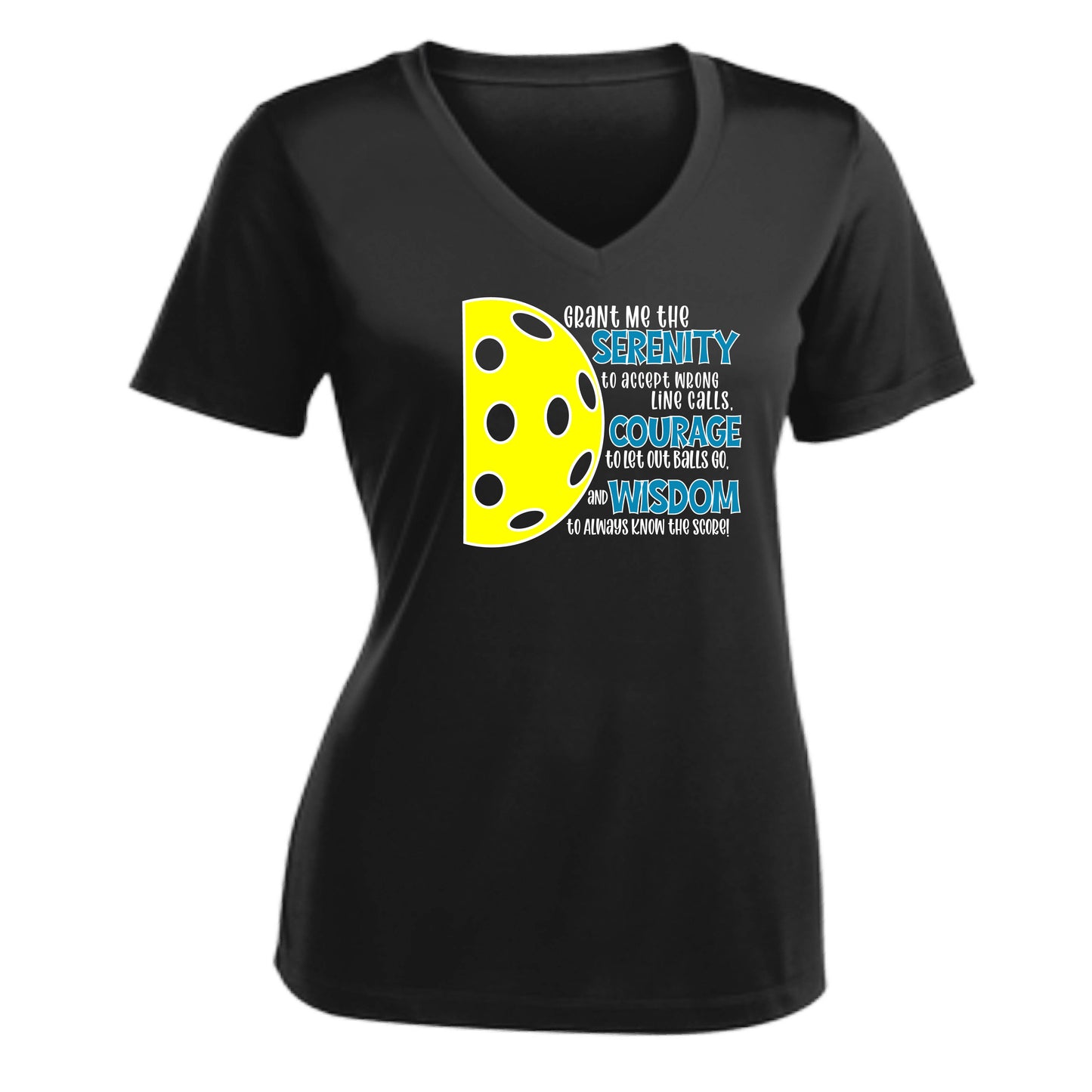 Pickleball Serenity Prayer | Women's Short Sleeve V-Neck Pickleball Performance T-Shirts | 100% Polyester