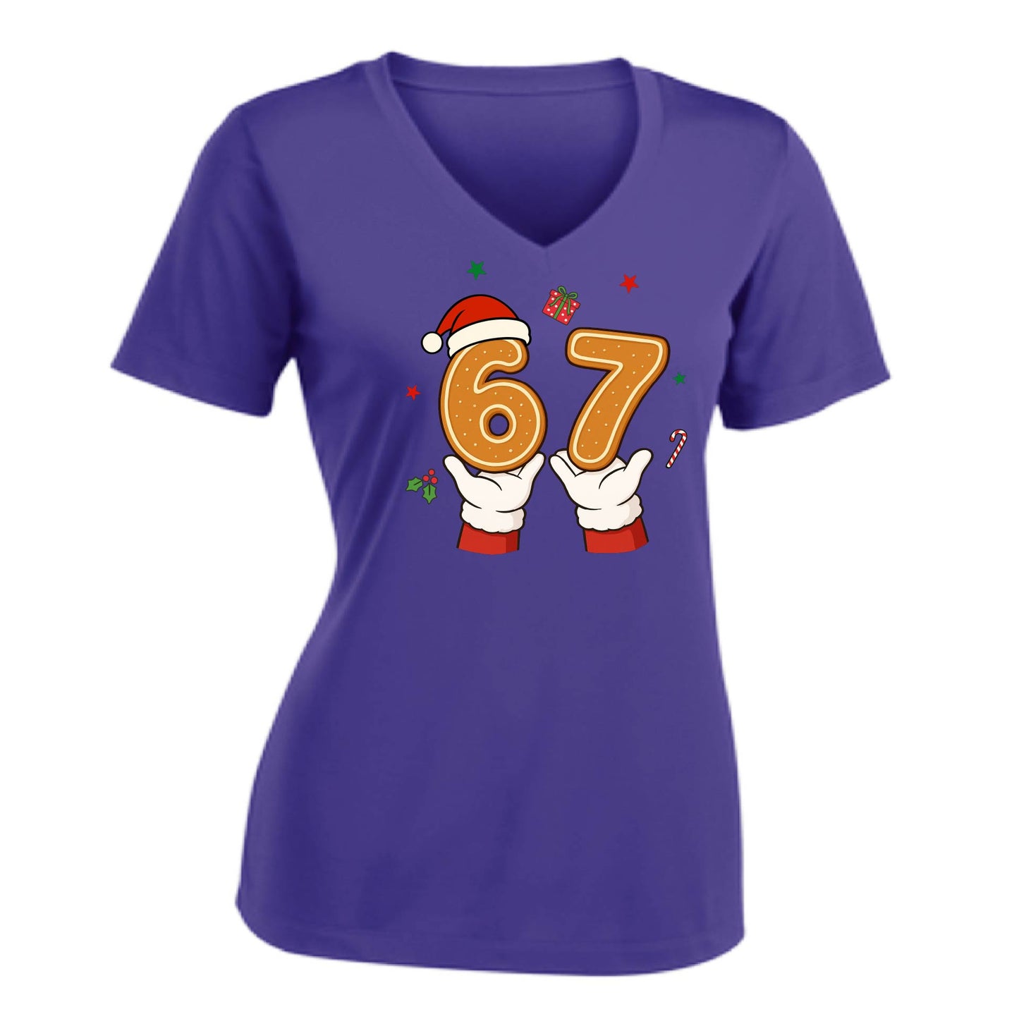 67 Christmas  | Women's Short Sleeve V-Neck Performance T-Shirts | 100% Polyester