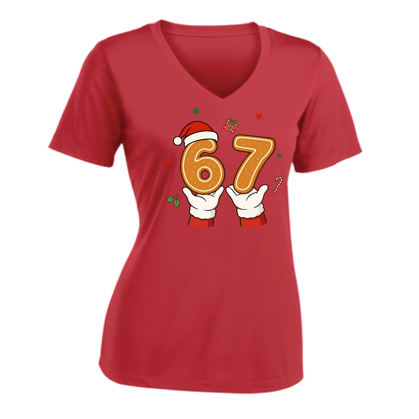 67 Christmas  | Women's Short Sleeve V-Neck Performance T-Shirts | 100% Polyester