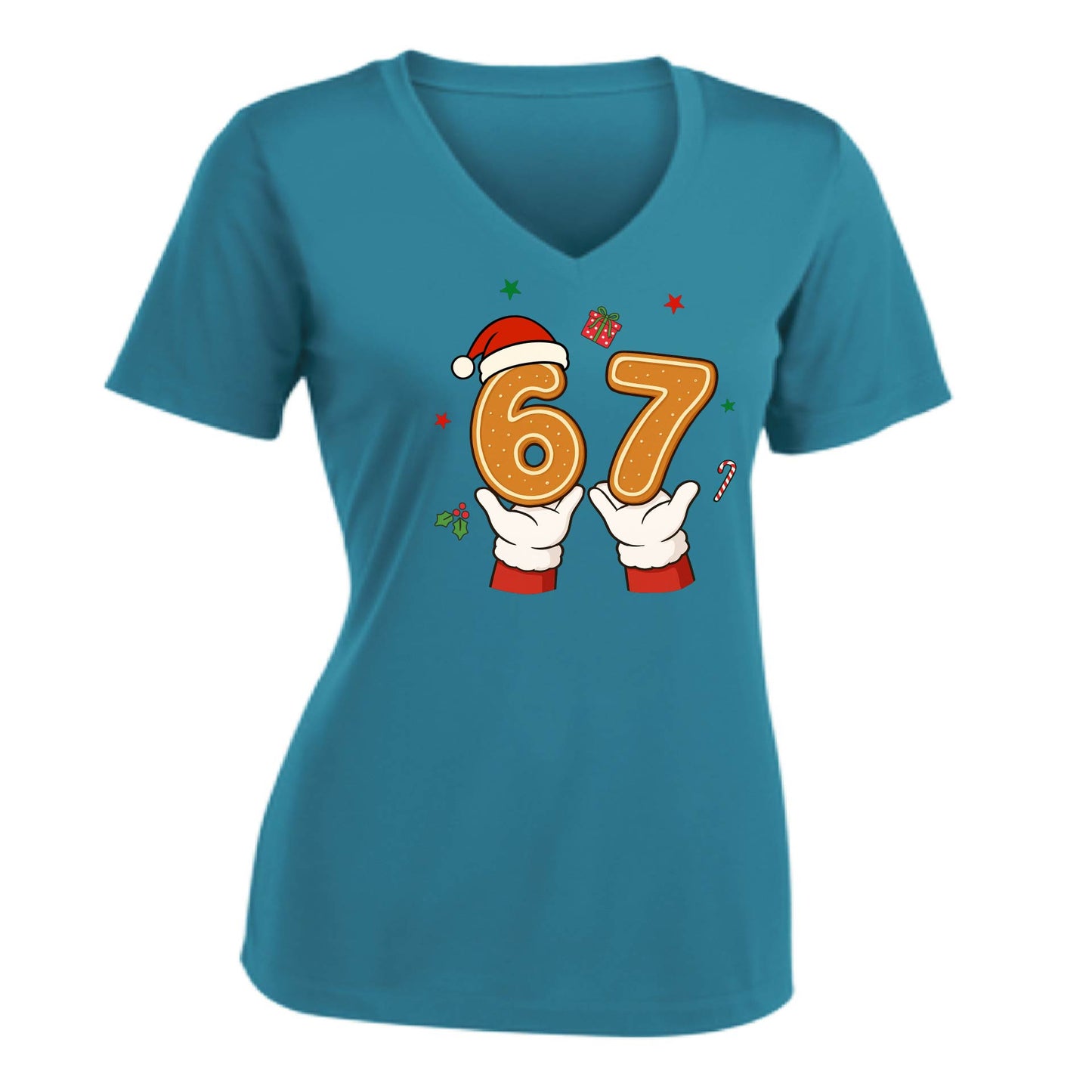 67 Christmas  | Women's Short Sleeve V-Neck Performance T-Shirts | 100% Polyester