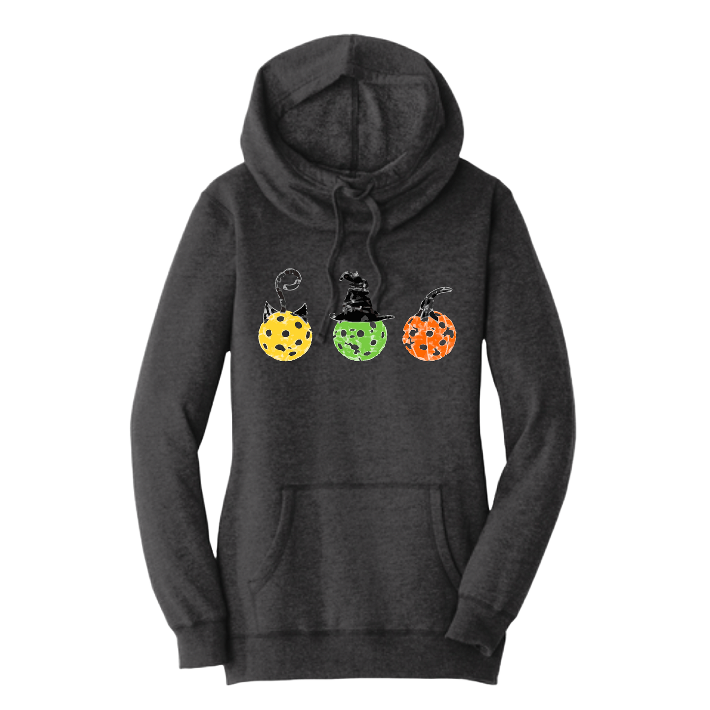 Cat Witch Pumpkin | Women’s Cowl-Neck Hoodie Pickleball Sweatshirt | 55% Cotton 45% Poly Fleece