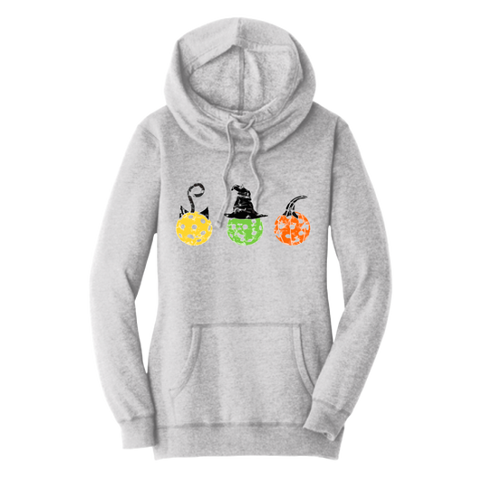 Cat Witch Pumpkin | Women’s Cowl-Neck Hoodie Pickleball Sweatshirt | 55% Cotton 45% Poly Fleece