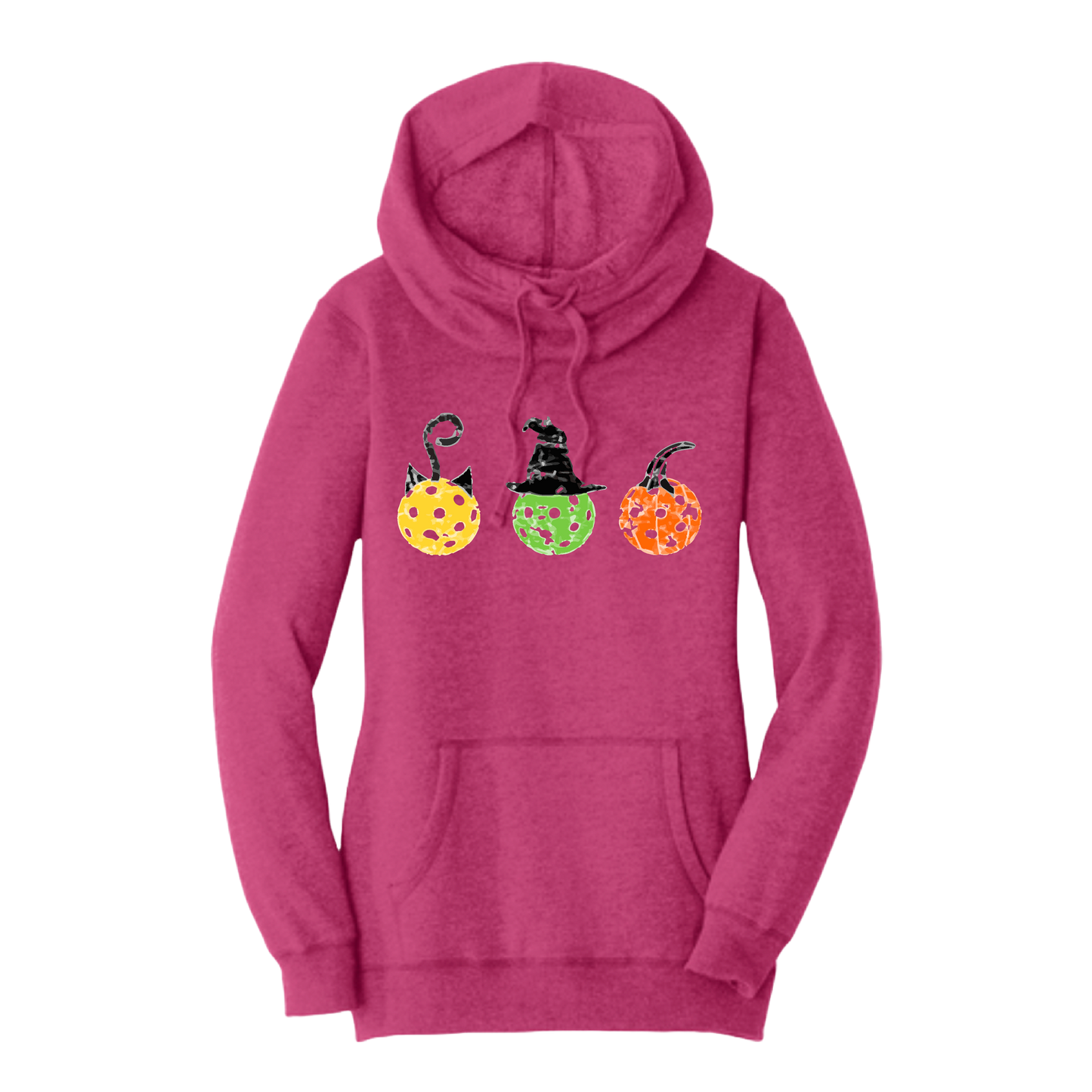 Cat Witch Pumpkin | Women’s Cowl-Neck Hoodie Pickleball Sweatshirt | 55% Cotton 45% Poly Fleece