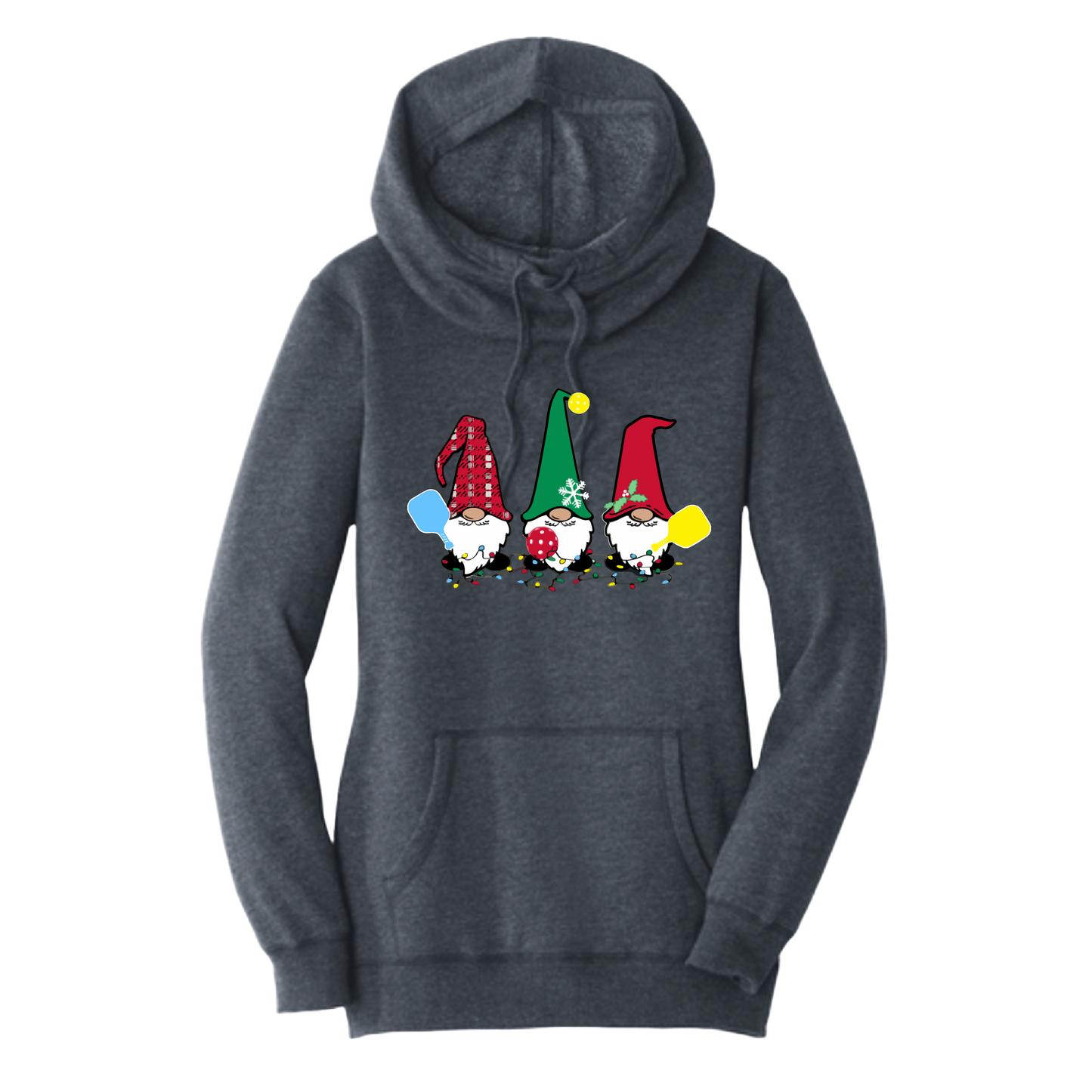 Christmas Gnomes | Women’s Cowl-Neck Hoodie Pickleball Sweatshirt | 55% Cotton 45% Poly Fleece