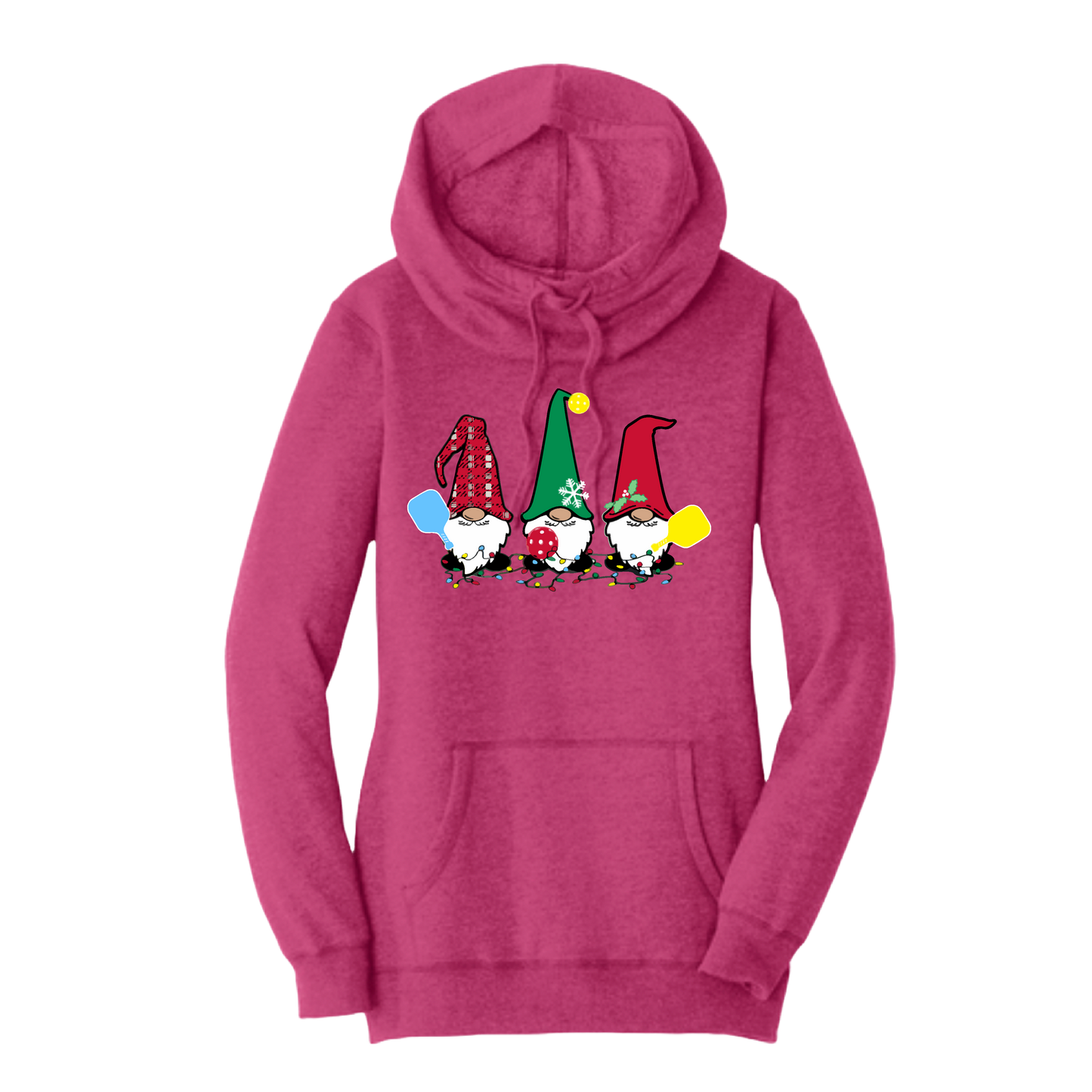 Christmas Gnomes | Women’s Cowl-Neck Hoodie Pickleball Sweatshirt | 55% Cotton 45% Poly Fleece