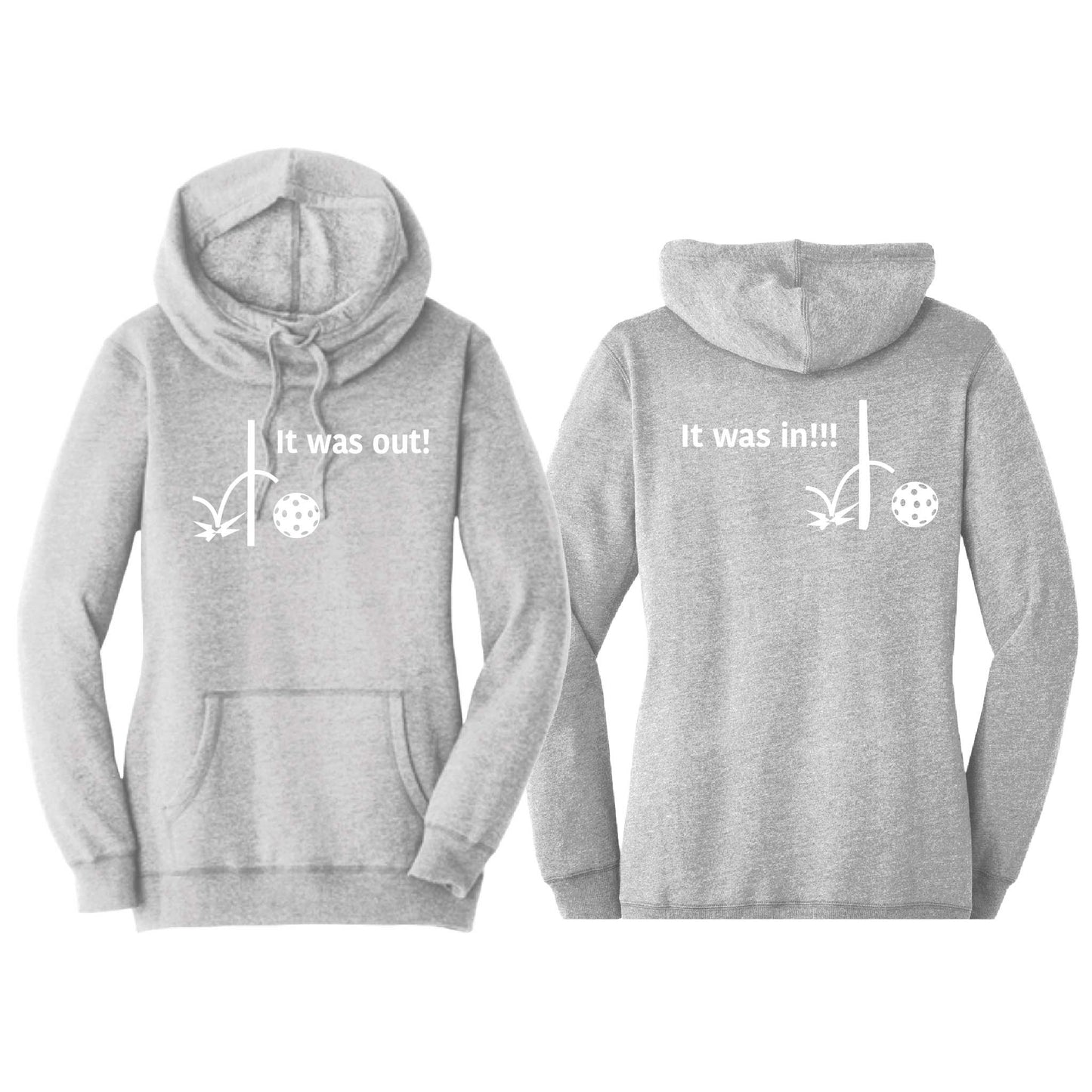 It Was In!!! It Was Out!!! (Pickleballs Red White Yellow) | Women’s Cowl-Neck Hoodie Pickleball Sweatshirt | 55% Cotton 45% Poly Fleece
