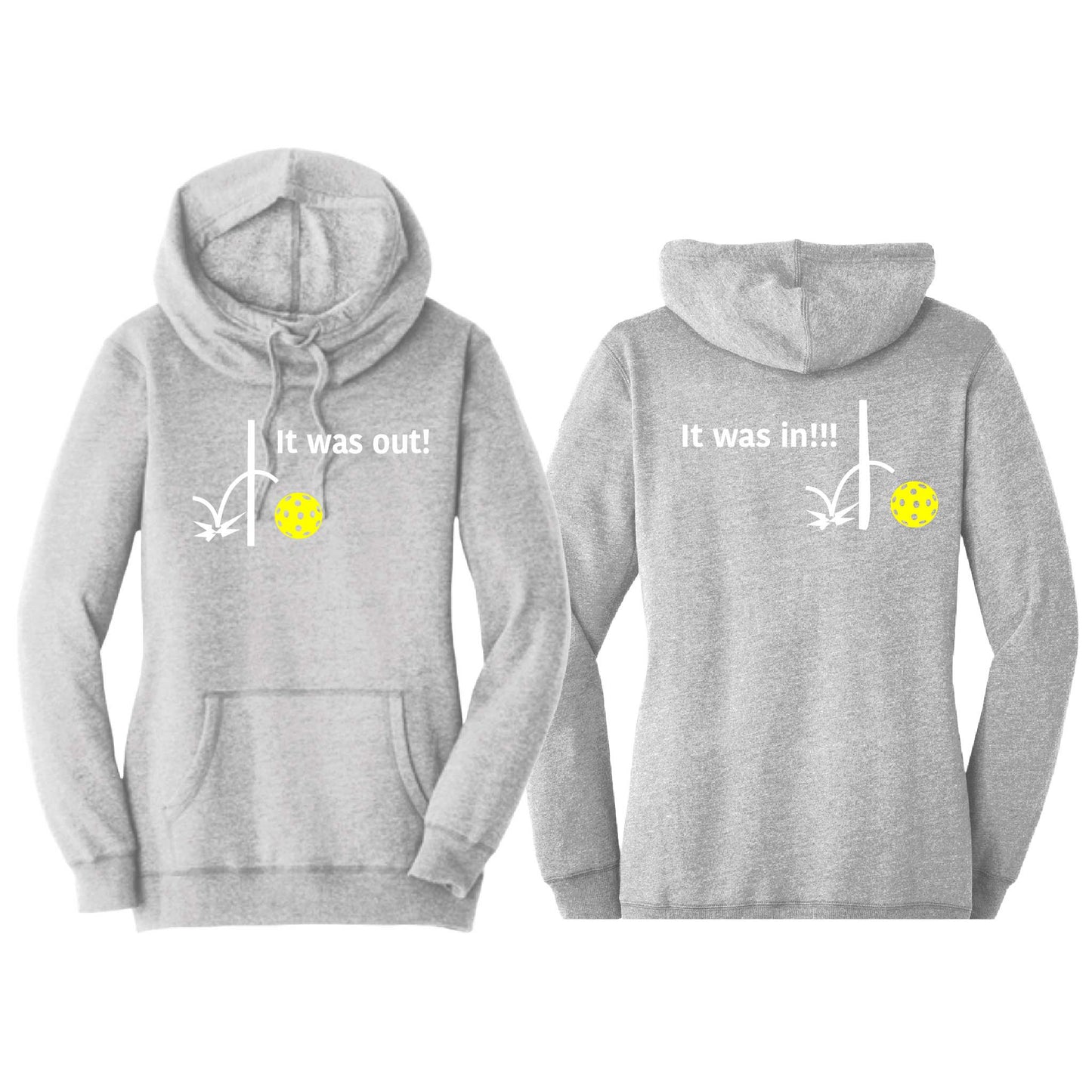 It Was In!!! It Was Out!!! (Pickleballs Red White Yellow) | Women’s Cowl-Neck Hoodie Pickleball Sweatshirt | 55% Cotton 45% Poly Fleece