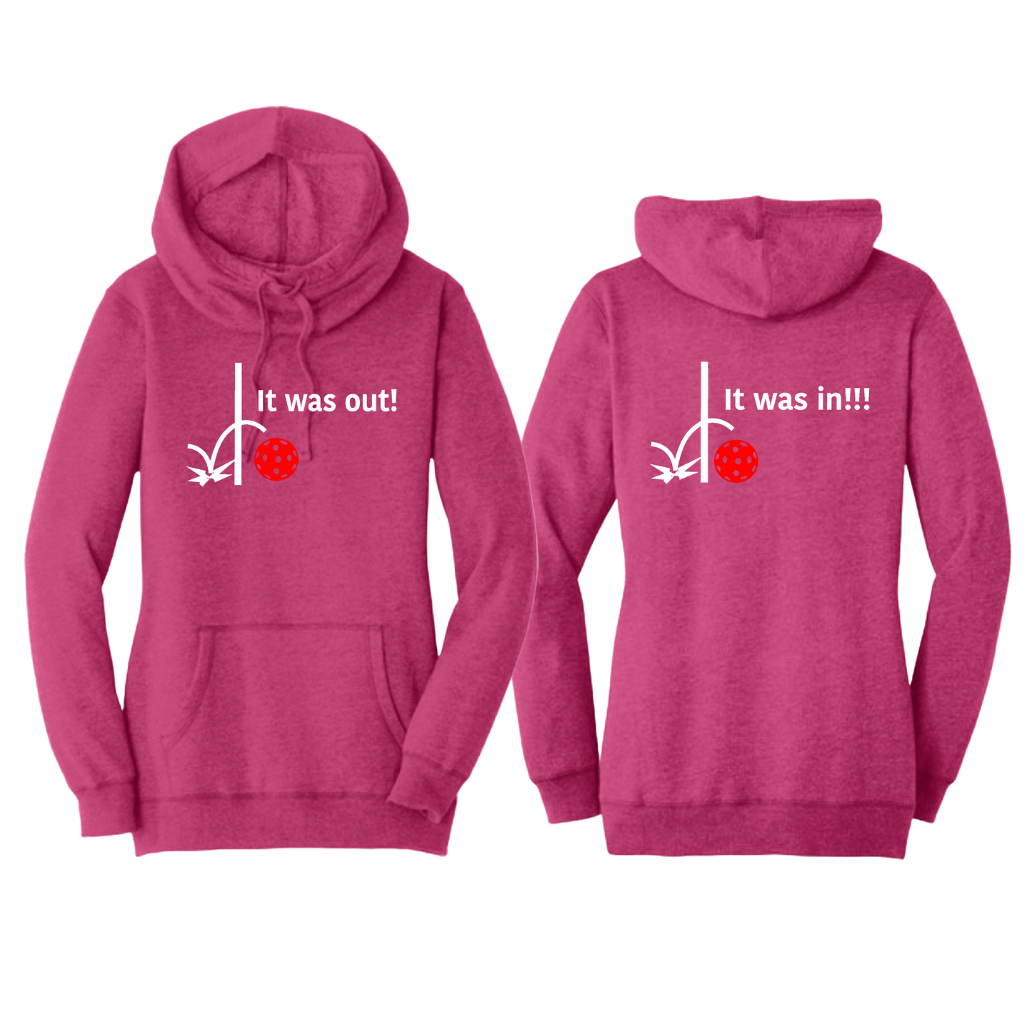 It Was In!!! It Was Out!!! (Pickleballs Red White Yellow) | Women’s Cowl-Neck Hoodie Pickleball Sweatshirt | 55% Cotton 45% Poly Fleece