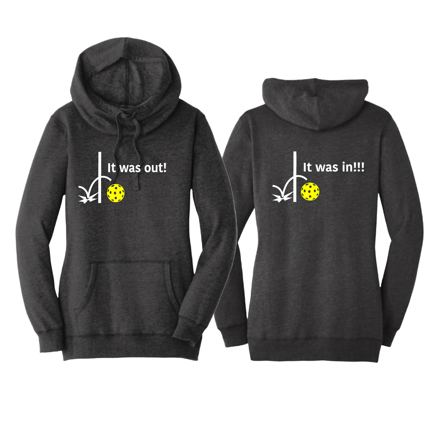 It Was In!!! It Was Out!!! (Pickleballs Red White Yellow) | Women’s Cowl-Neck Hoodie Pickleball Sweatshirt | 55% Cotton 45% Poly Fleece