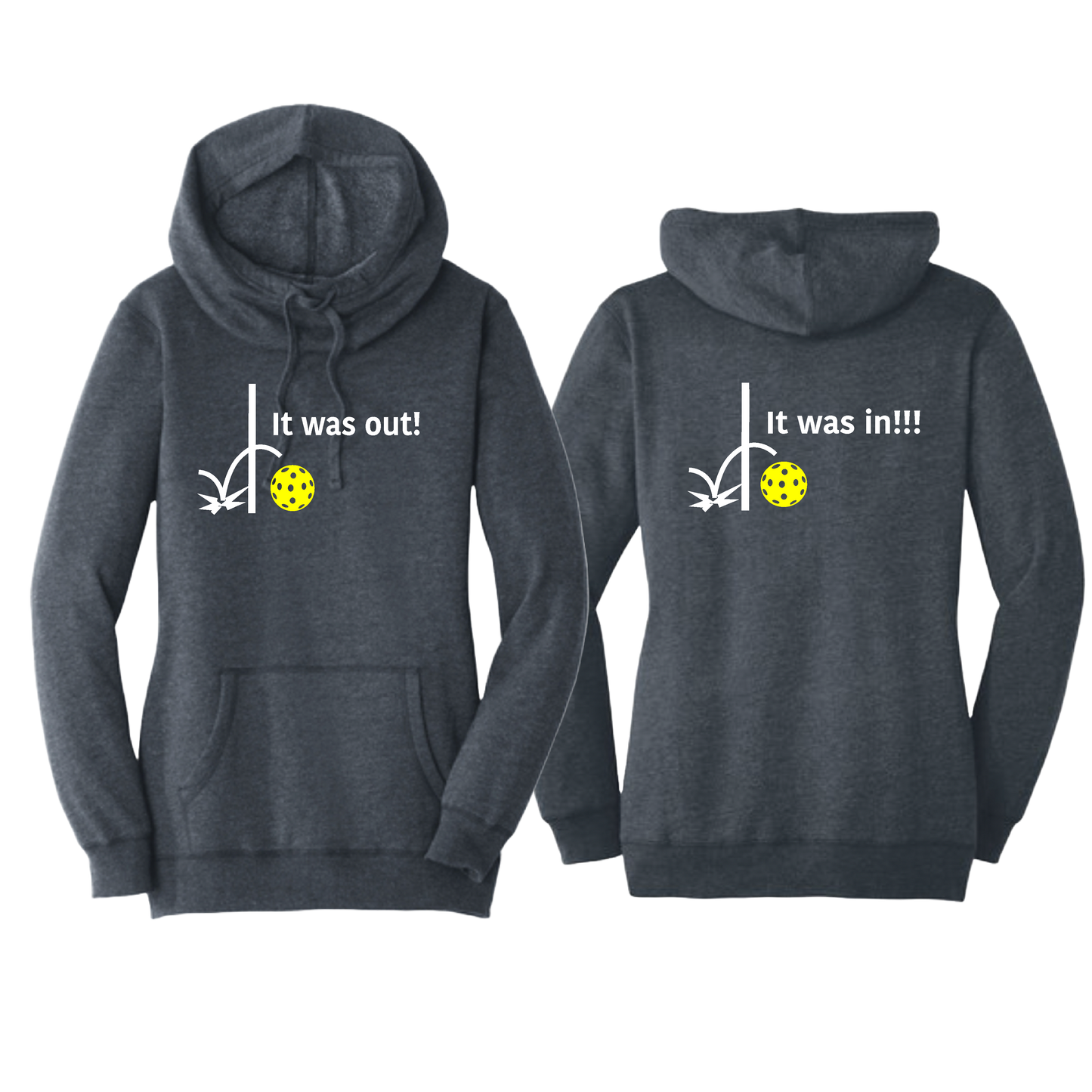 It Was In!!! It Was Out!!! (Pickleballs Red White Yellow) | Women’s Cowl-Neck Hoodie Pickleball Sweatshirt | 55% Cotton 45% Poly Fleece