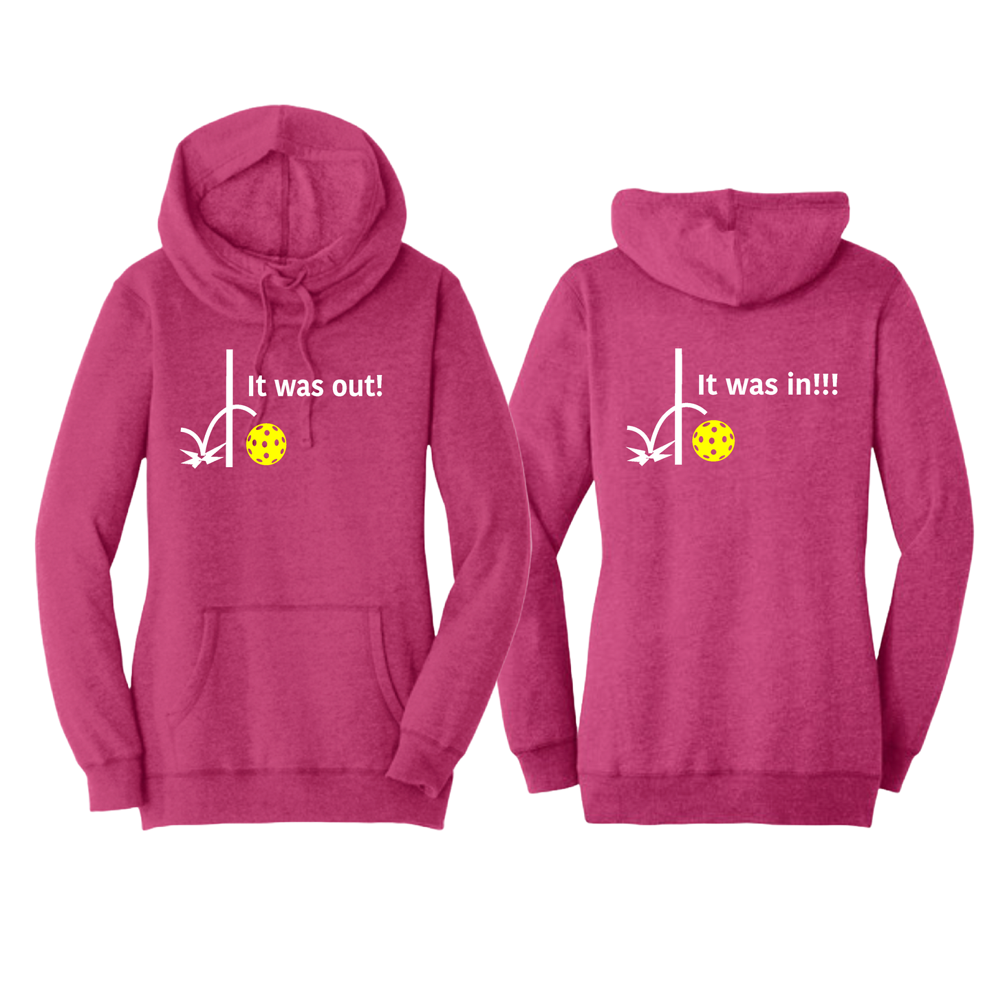 It Was In!!! It Was Out!!! (Pickleballs Red White Yellow) | Women’s Cowl-Neck Hoodie Pickleball Sweatshirt | 55% Cotton 45% Poly Fleece