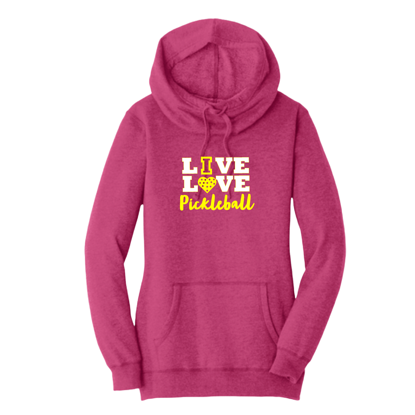 Live Love Pickleball | Women’s Cowl-Neck Hoodie Pickleball Sweatshirt | 55% Cotton 45% Poly Fleece