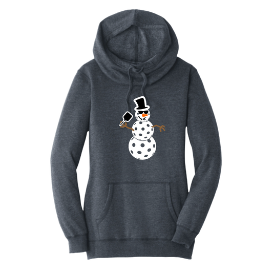 Frosty The Dinking Snowman | Women’s Cowl-Neck Hoodie Pickleball Sweatshirt | 55% Cotton 45% Poly Fleece