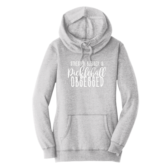 Stressed Blessed Pickleball Obsessed | Women’s Cowl-Neck Hoodie Pickleball Sweatshirt | 55% Cotton 45% Poly Fleece