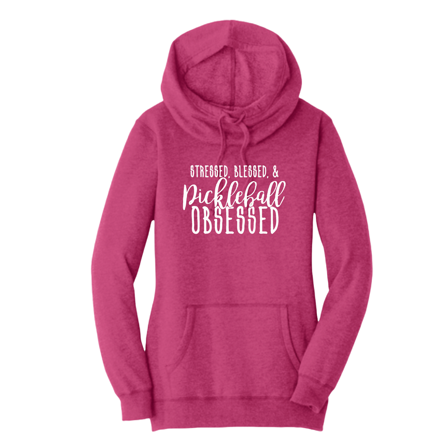 Stressed Blessed Pickleball Obsessed | Women’s Cowl-Neck Hoodie Pickleball Sweatshirt | 55% Cotton 45% Poly Fleece