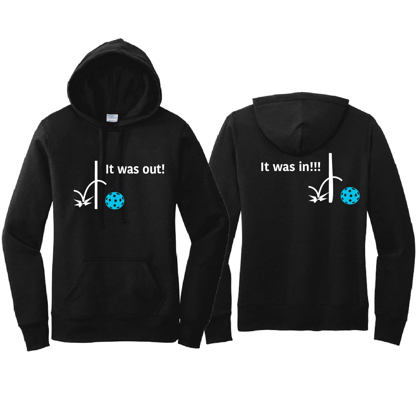 It Was Out! It Was In! (Pickleballs Cyan Green Orange) | Women’s Fitted Hoodie Pickleball Sweatshirt | 50% Cotton 50% Poly Fleece