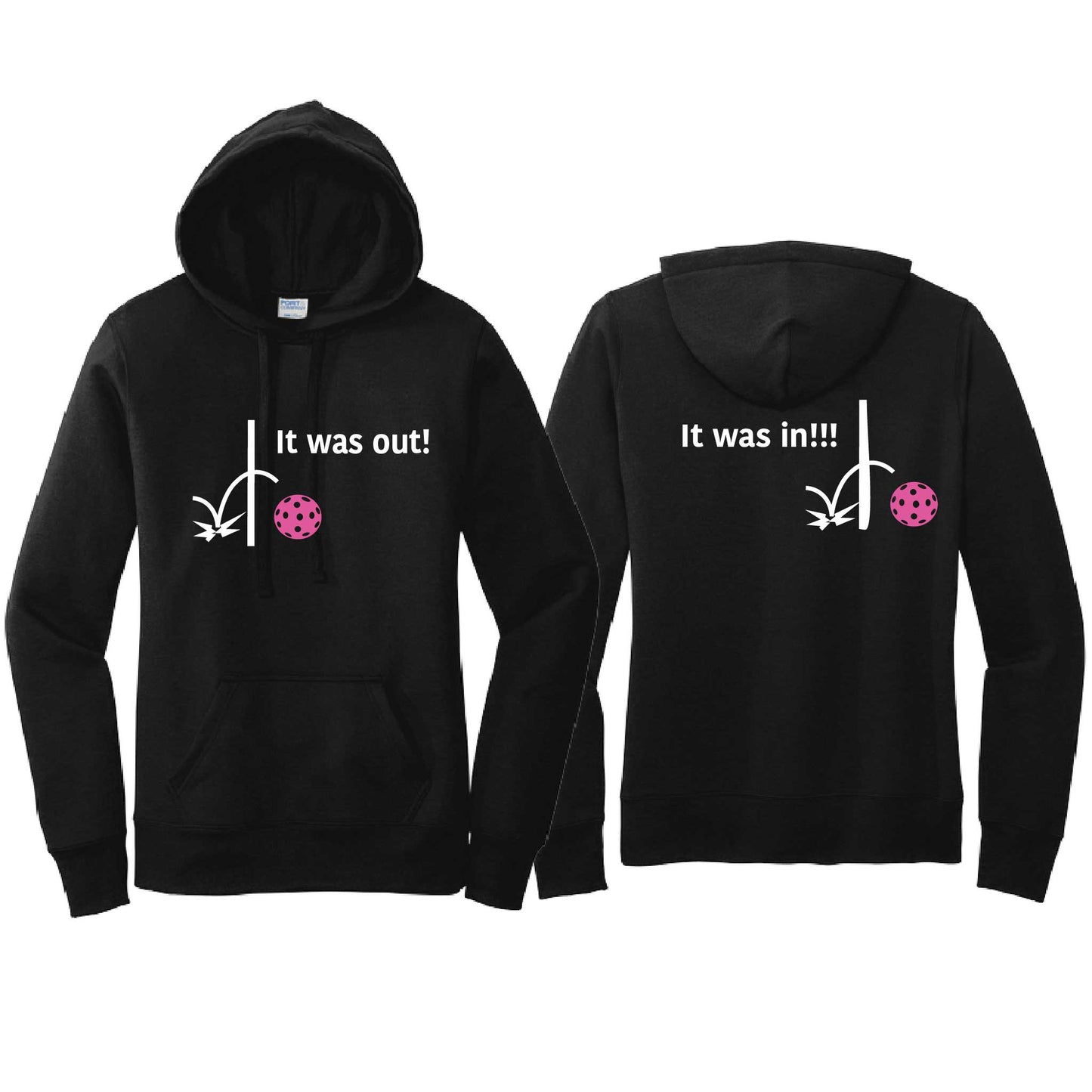 It Was Out! It Was In! (Pickleballs Pink Purple Rainbow) | Women’s Fitted Hoodie Pickleball Sweatshirt | 50% Cotton 50% Poly Fleece