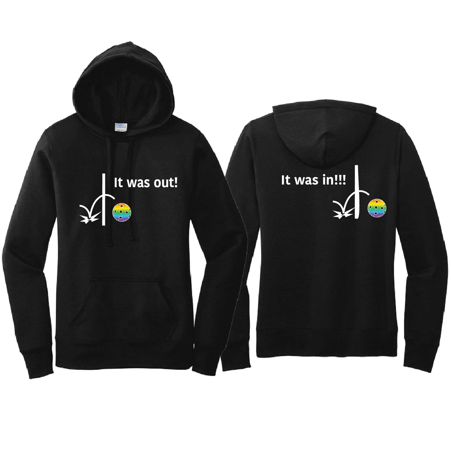 It Was Out! It Was In! (Pickleballs Pink Purple Rainbow) | Women’s Fitted Hoodie Pickleball Sweatshirt | 50% Cotton 50% Poly Fleece