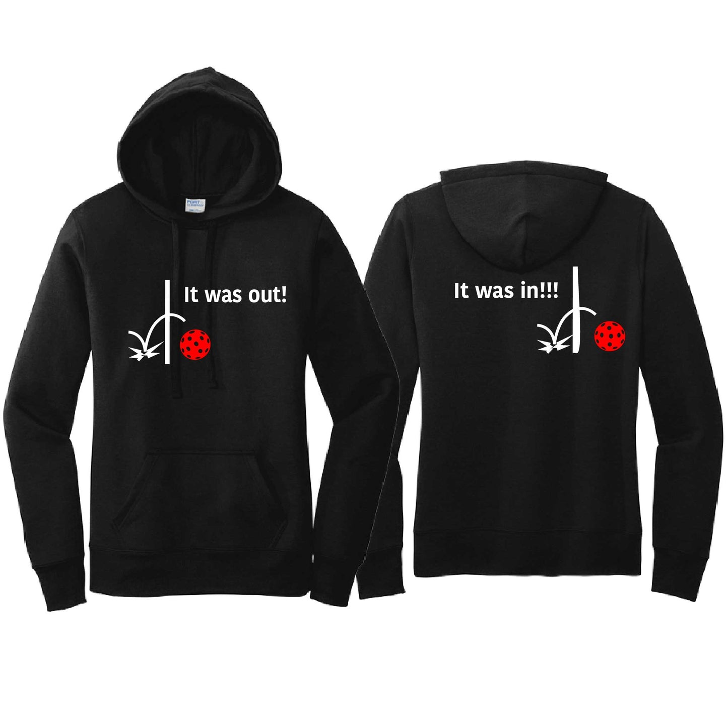It Was Out! It Was In! (Pickleballs Red White Yellow) | Women’s Fitted Hoodie Pickleball Sweatshirt | 50% Cotton 50% Poly Fleece