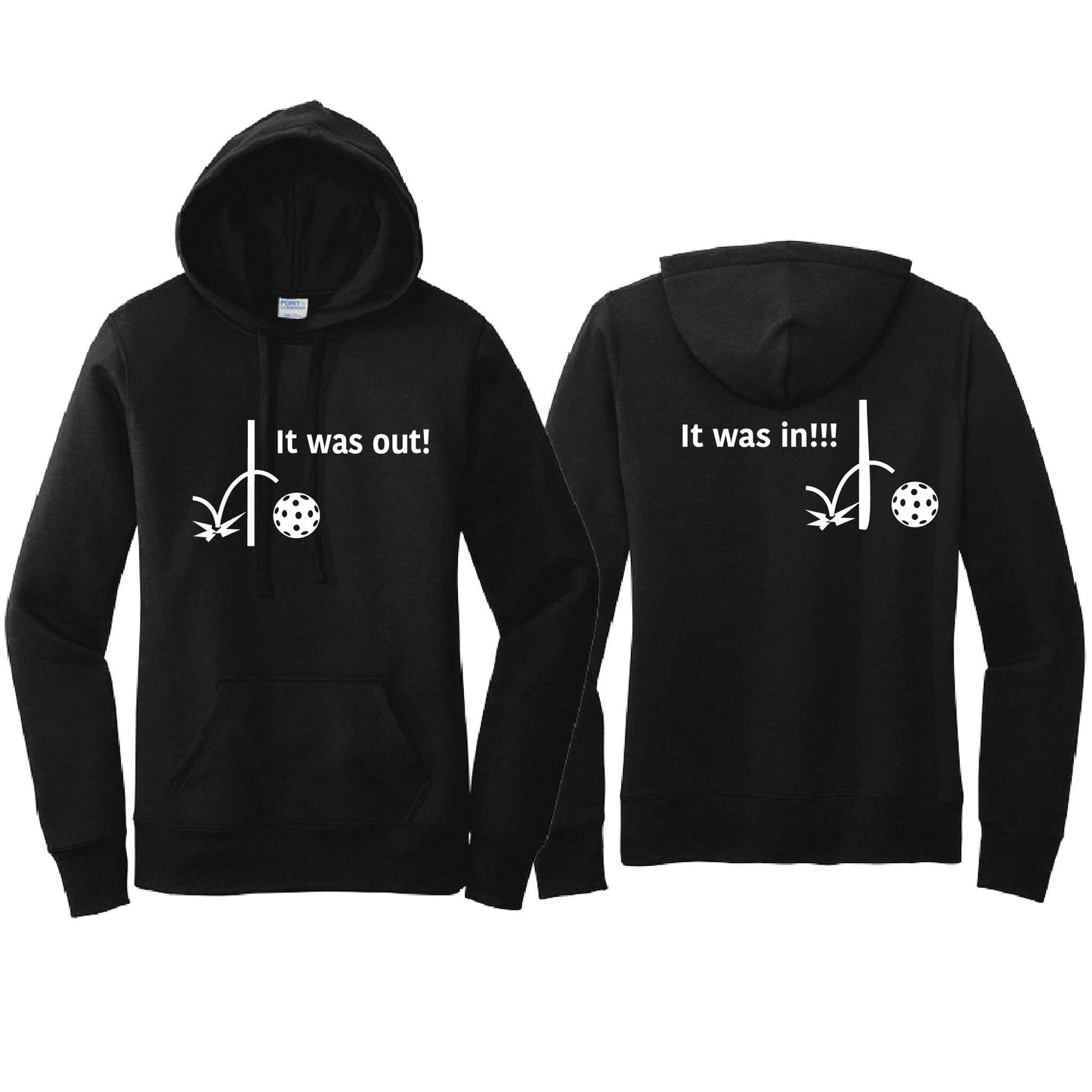 It Was Out! It Was In! (Pickleballs Red White Yellow) | Women’s Fitted Hoodie Pickleball Sweatshirt | 50% Cotton 50% Poly Fleece