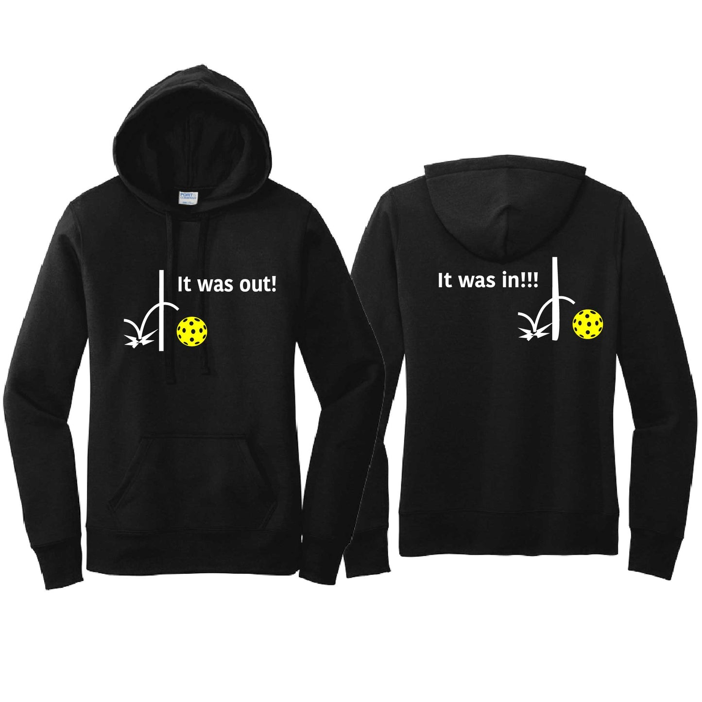 It Was Out! It Was In! (Pickleballs Red White Yellow) | Women’s Fitted Hoodie Pickleball Sweatshirt | 50% Cotton 50% Poly Fleece