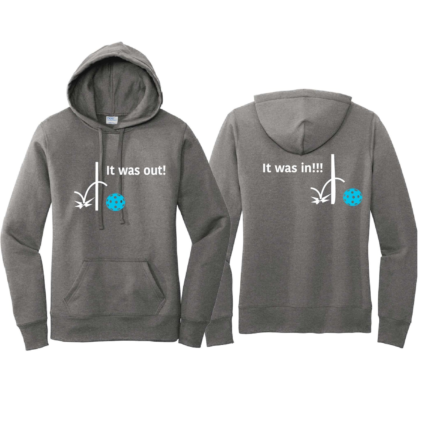 It Was Out! It Was In! (Pickleballs Cyan Green Orange) | Women’s Fitted Hoodie Pickleball Sweatshirt | 50% Cotton 50% Poly Fleece