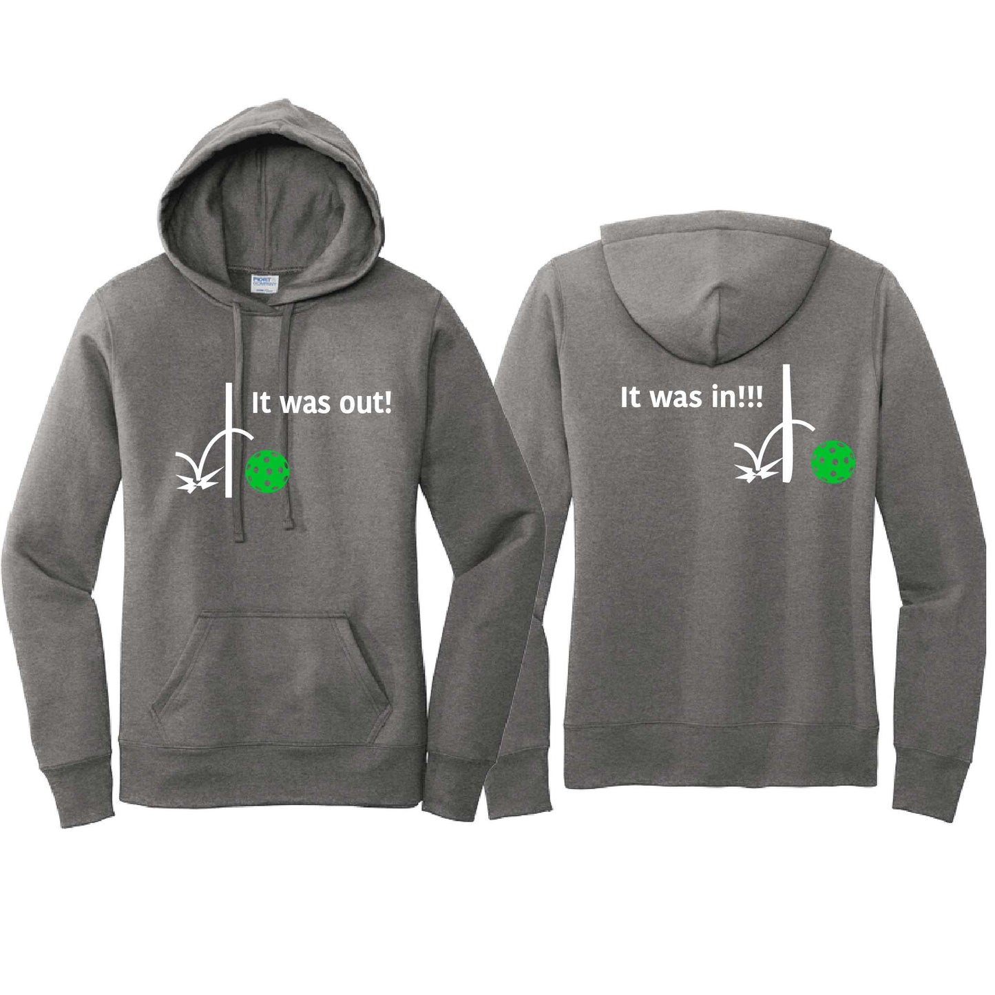 It Was Out! It Was In! (Pickleballs Cyan Green Orange) | Women’s Fitted Hoodie Pickleball Sweatshirt | 50% Cotton 50% Poly Fleece