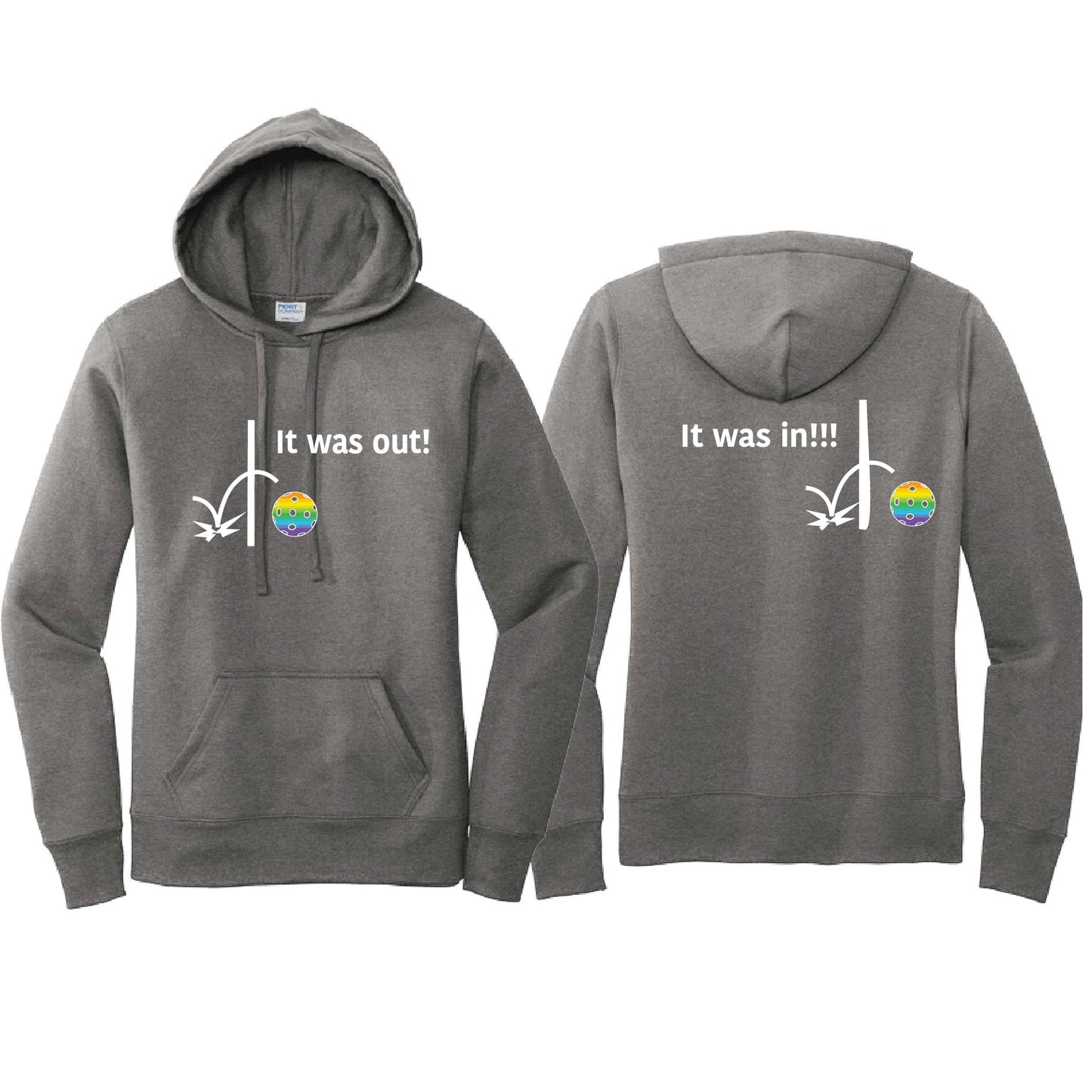 It Was Out! It Was In! (Pickleballs Pink Purple Rainbow) | Women’s Fitted Hoodie Pickleball Sweatshirt | 50% Cotton 50% Poly Fleece