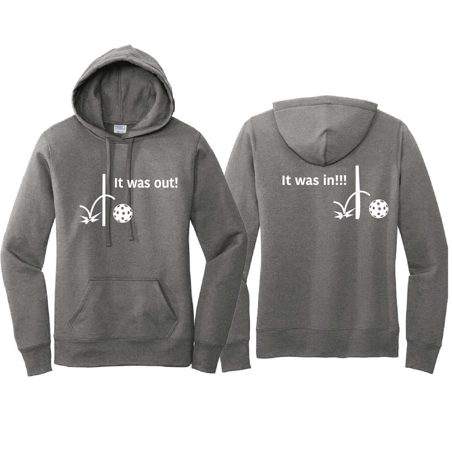 It Was Out! It Was In! (Pickleballs Red White Yellow) | Women’s Fitted Hoodie Pickleball Sweatshirt | 50% Cotton 50% Poly Fleece