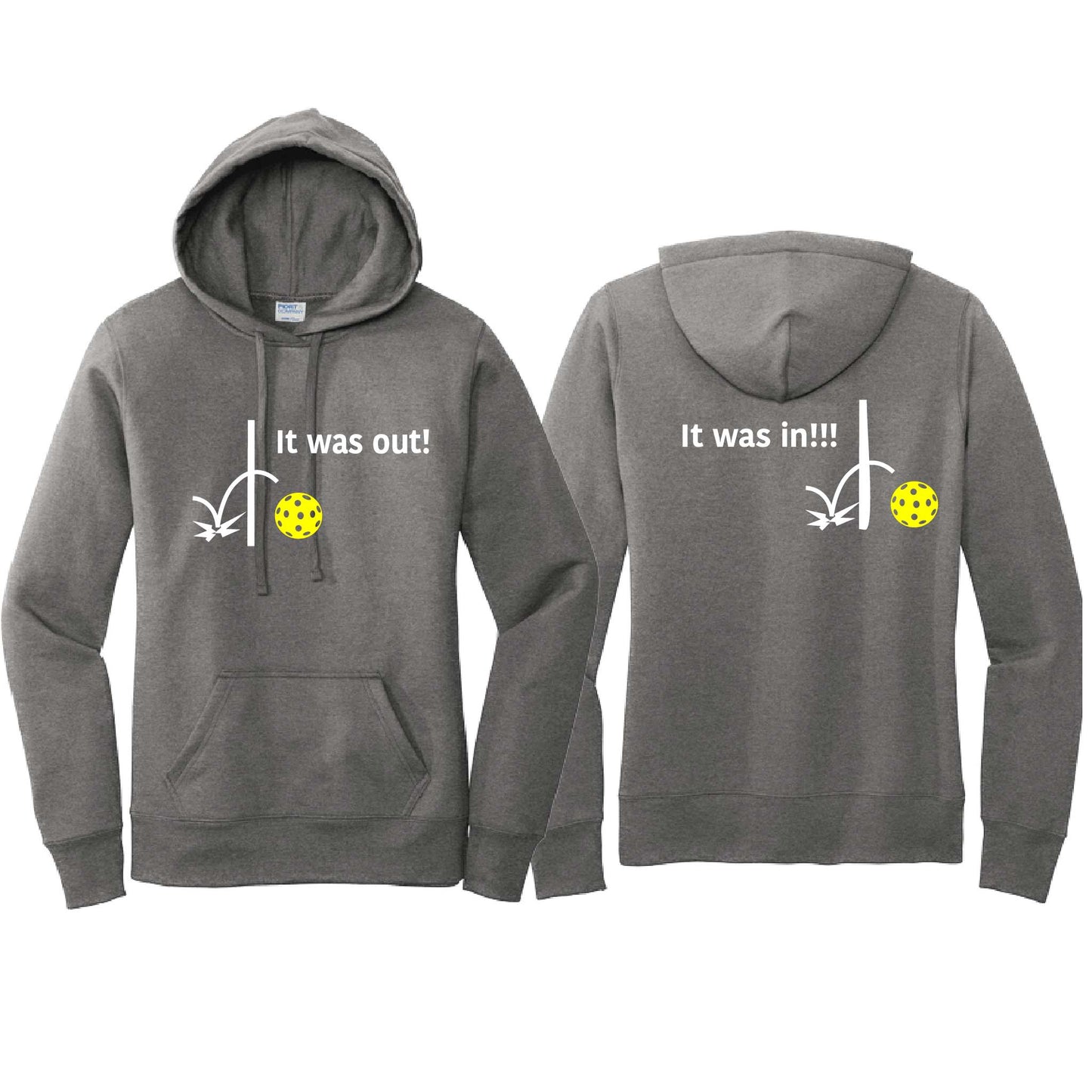 It Was Out! It Was In! (Pickleballs Red White Yellow) | Women’s Fitted Hoodie Pickleball Sweatshirt | 50% Cotton 50% Poly Fleece