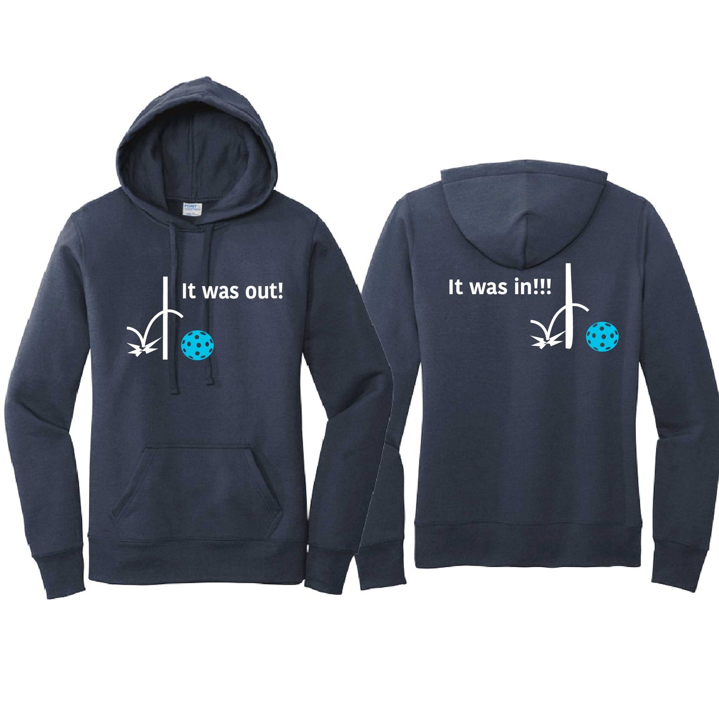 It Was Out! It Was In! (Pickleballs Cyan Green Orange) | Women’s Fitted Hoodie Pickleball Sweatshirt | 50% Cotton 50% Poly Fleece