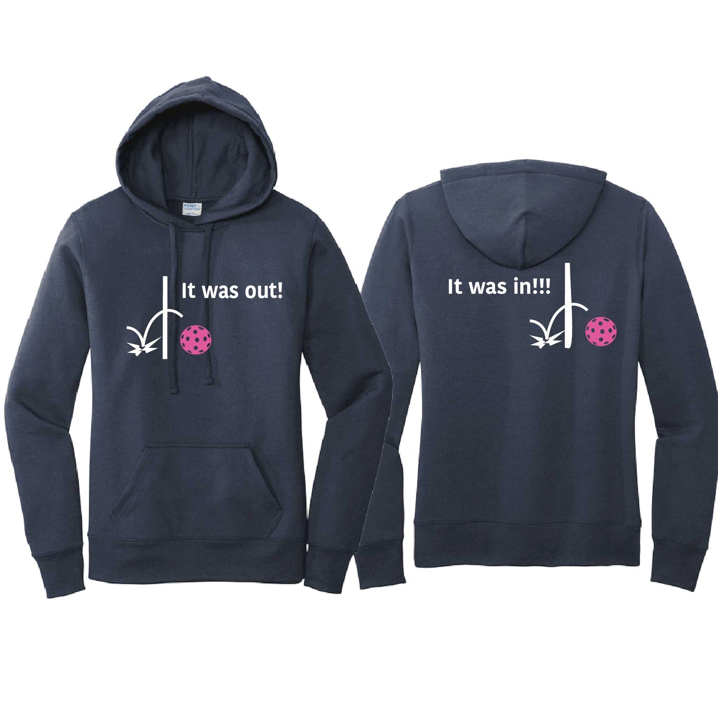 It Was Out! It Was In! (Pickleballs Pink Purple Rainbow) | Women’s Fitted Hoodie Pickleball Sweatshirt | 50% Cotton 50% Poly Fleece