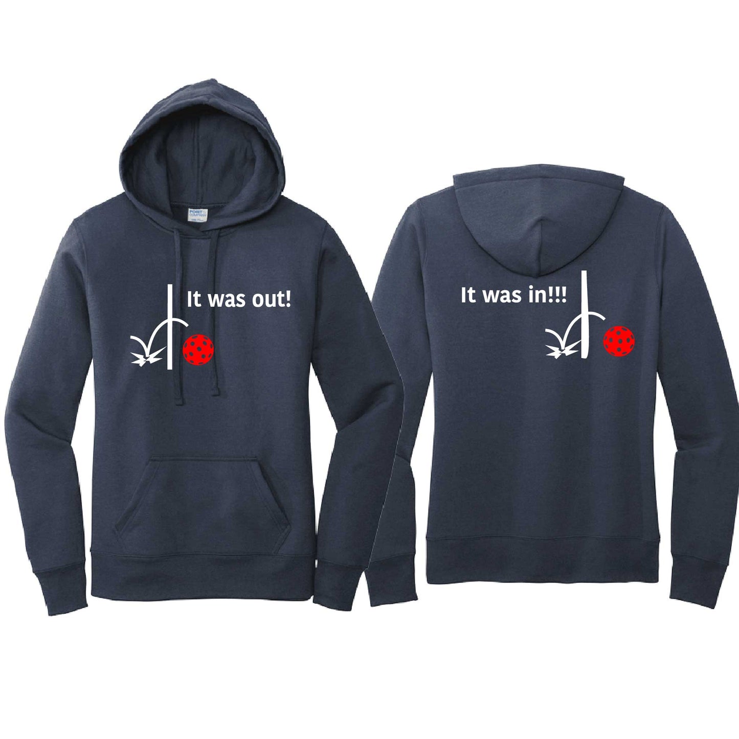 It Was Out! It Was In! (Pickleballs Red White Yellow) | Women’s Fitted Hoodie Pickleball Sweatshirt | 50% Cotton 50% Poly Fleece