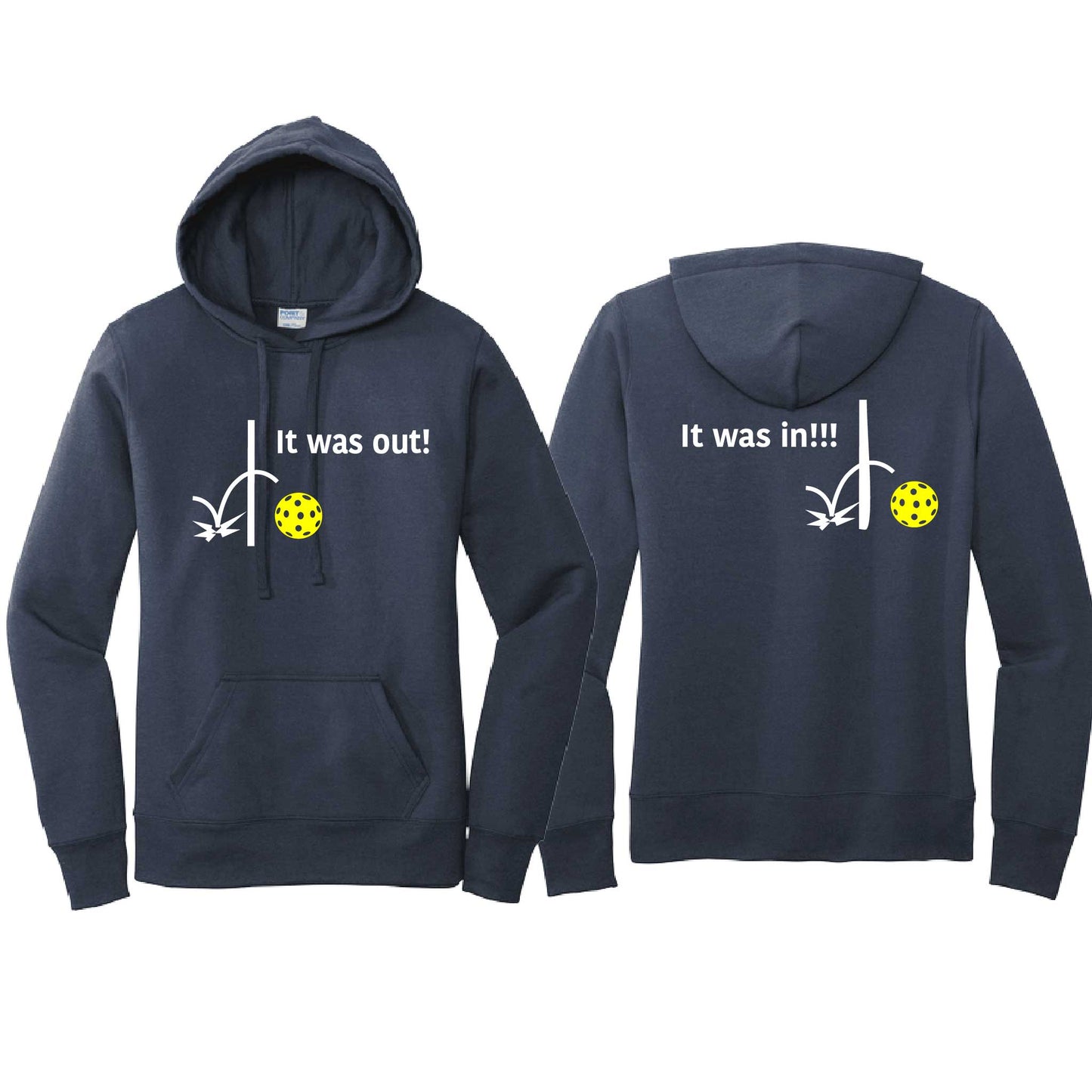 It Was Out! It Was In! (Pickleballs Red White Yellow) | Women’s Fitted Hoodie Pickleball Sweatshirt | 50% Cotton 50% Poly Fleece