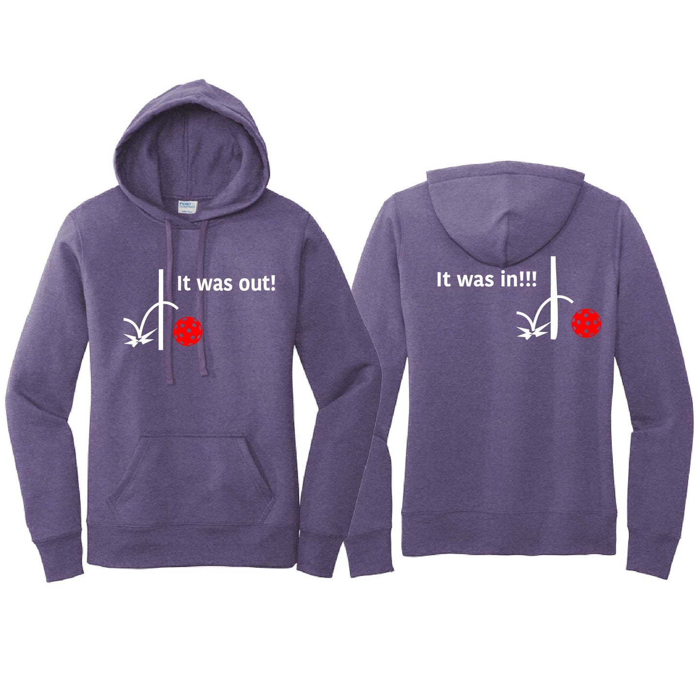 It Was Out! It Was In! (Pickleballs Red White Yellow) | Women’s Fitted Hoodie Pickleball Sweatshirt | 50% Cotton 50% Poly Fleece