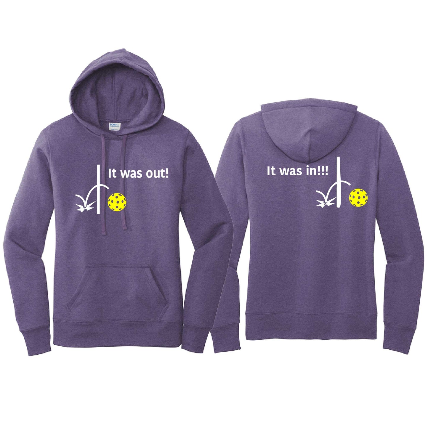 It Was Out! It Was In! (Pickleballs Red White Yellow) | Women’s Fitted Hoodie Pickleball Sweatshirt | 50% Cotton 50% Poly Fleece
