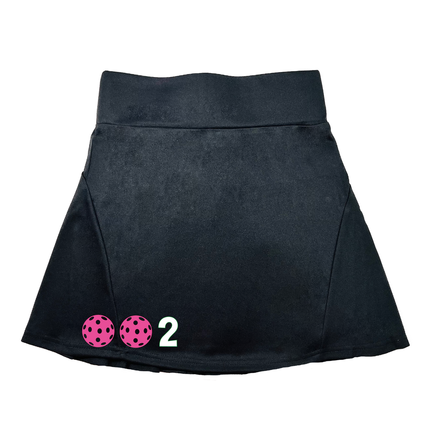 Pickleball Flirty Skort Design: 002 Customizable Pickleball Ball color:  Choose: White - Green -Yellow or Pink.  These flirty skorts have a flat mid-rise waistband with a 3 inch waistband.  Light weight without being see through and the material wicks away moisture quickly.  Flirty pleats in the back with inner shorts for free movement and stylish coverage on the courts.  A functional zipper pocket on the back and two built in pockets on the shorts for convenient storage. 