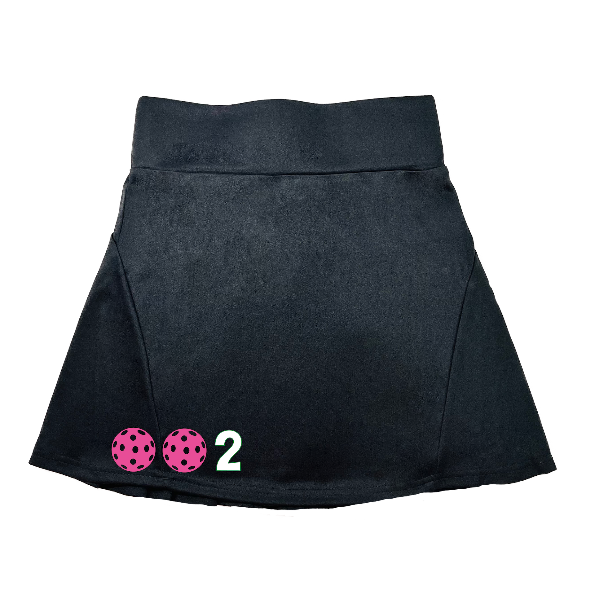 Pickleball Flirty Skort Design: 002 Customizable Pickleball Ball color:  Choose: White - Green -Yellow or Pink.  These flirty skorts have a flat mid-rise waistband with a 3 inch waistband.  Light weight without being see through and the material wicks away moisture quickly.  Flirty pleats in the back with inner shorts for free movement and stylish coverage on the courts.  A functional zipper pocket on the back and two built in pockets on the shorts for convenient storage. 