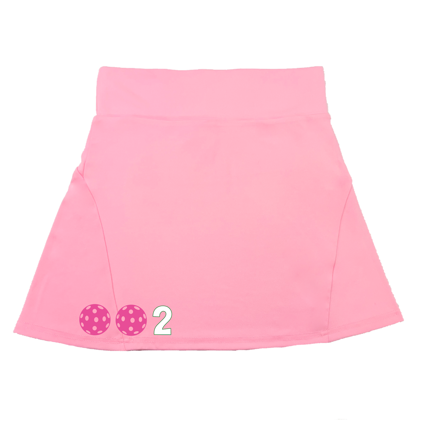 Pickleball Flirty Skort Design: 002 Customizable Pickleball Ball color:  Choose: White - Green -Yellow or Pink.  These flirty skorts have a flat mid-rise waistband with a 3 inch waistband.  Light weight without being see through and the material wicks away moisture quickly.  Flirty pleats in the back with inner shorts for free movement and stylish coverage on the courts.  A functional zipper pocket on the back and two built in pockets on the shorts for convenient storage. 