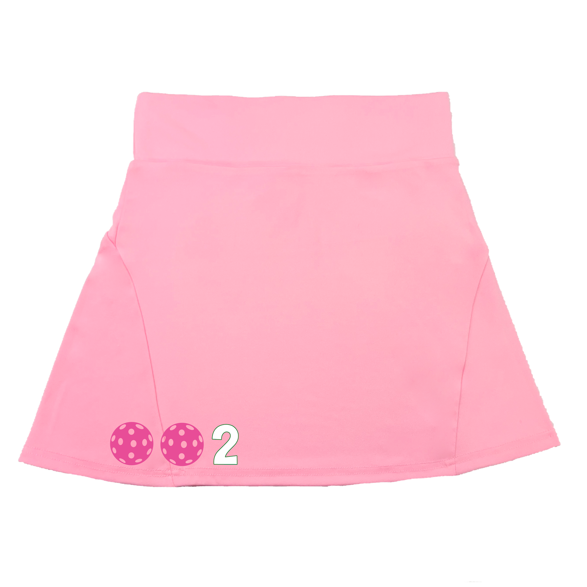 Pickleball Flirty Skort Design: 002 Customizable Pickleball Ball color:  Choose: White - Green -Yellow or Pink.  These flirty skorts have a flat mid-rise waistband with a 3 inch waistband.  Light weight without being see through and the material wicks away moisture quickly.  Flirty pleats in the back with inner shorts for free movement and stylish coverage on the courts.  A functional zipper pocket on the back and two built in pockets on the shorts for convenient storage. 